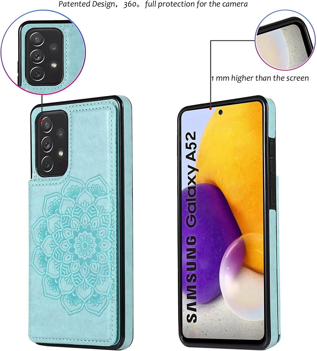 Anyisposs Funda de teléfono para Samsung Galaxy A52 5G  4G Funda tipo cartera con protector de pantalla de vidrio templado, ranuras para tarjetero,