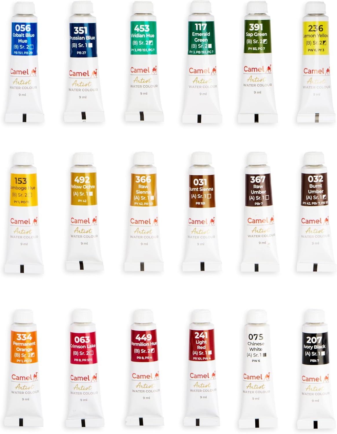 Camlin Kokuyo Artist’s – Caja de acuarela, tubos de 0.3 fl oz, 18 tonos