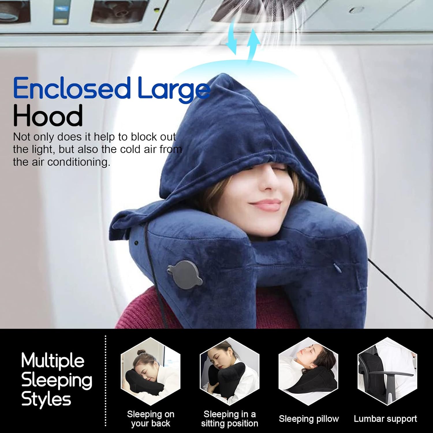 Almohada inflable de viaje con capucha y bolsa de almacenamiento, almohadas suaves para el cuello para viajar, almohada de apoyo para la cabeza del