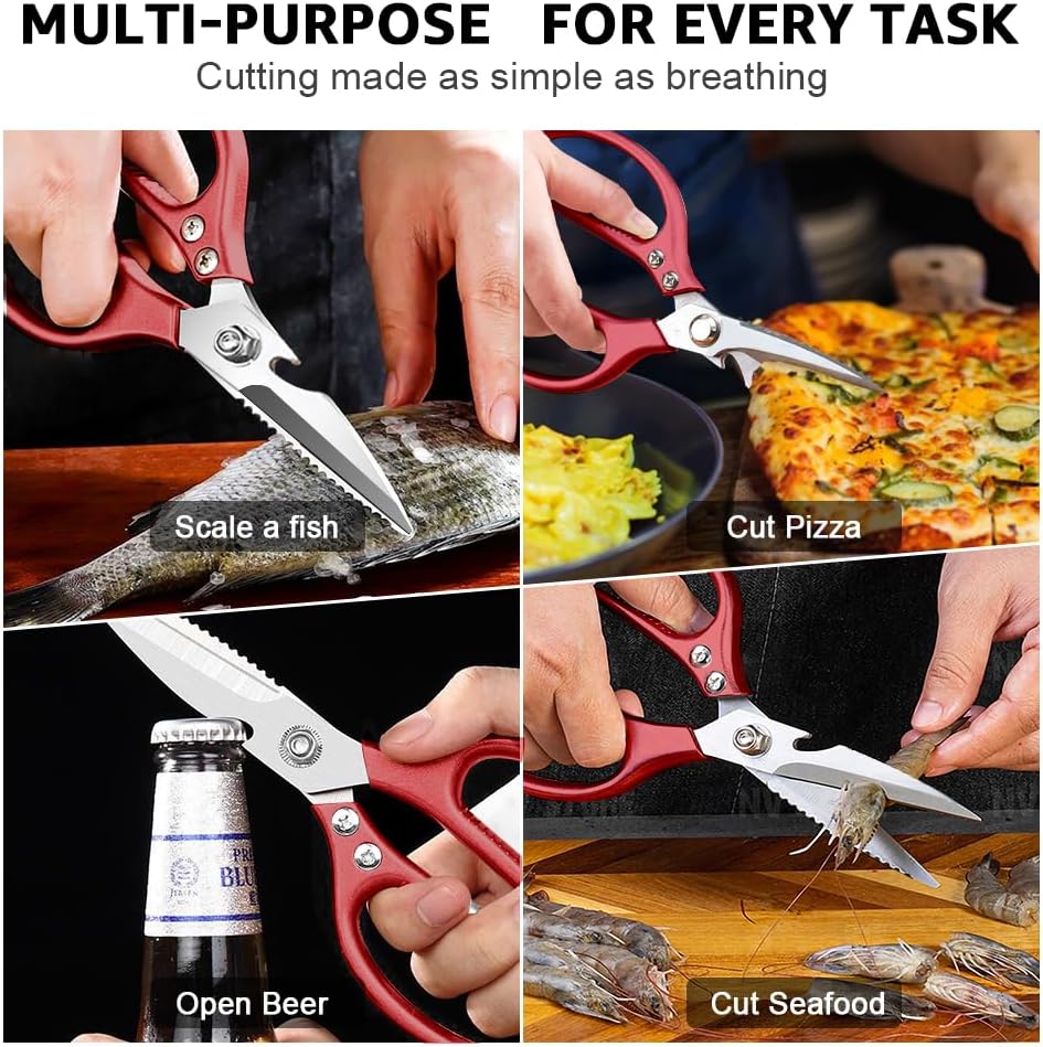 ONEBOM – Tijeras de cocina, tijeras de cocina resistentes con hoja dentada para cortar carne, alimentos, pescado, aves de corral, accesorios de