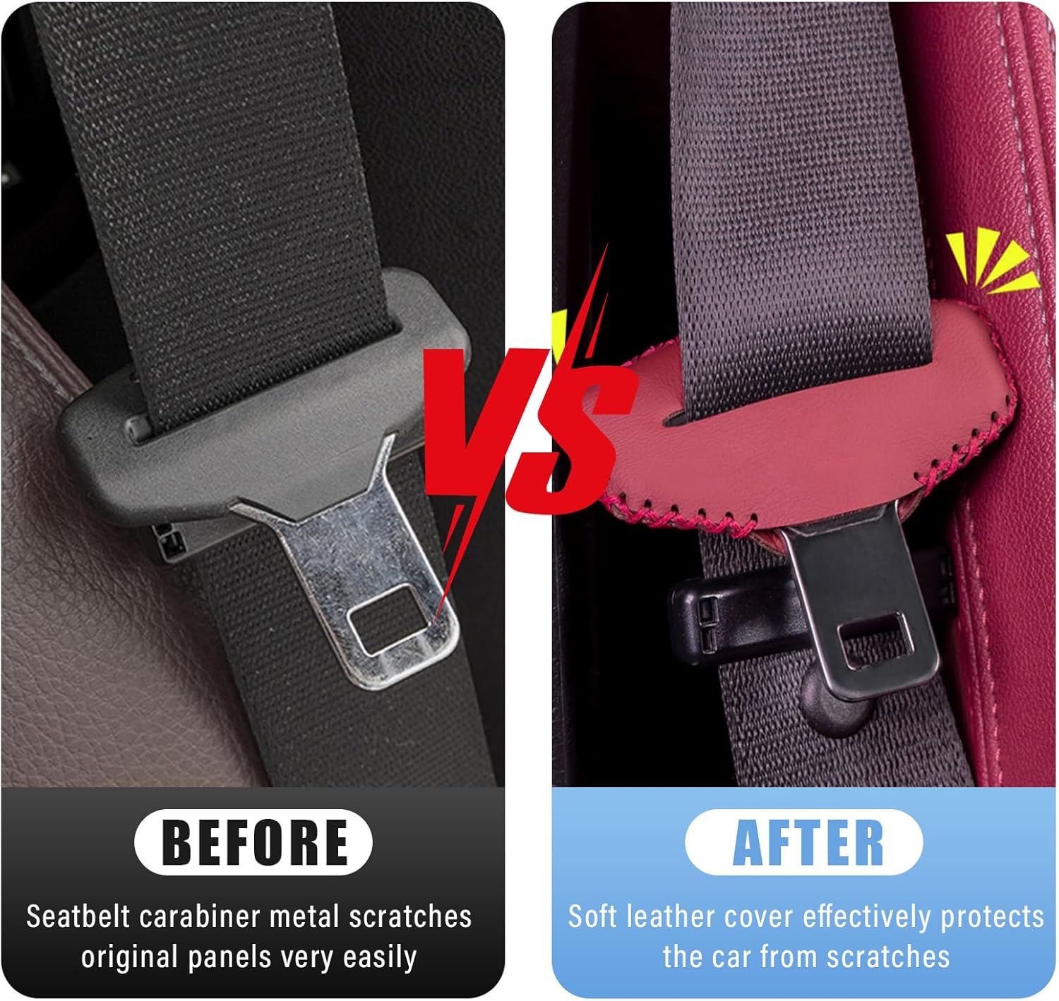 2 fundas para hebilla para cinturón de seguridad, de cuero antiarañazos, funda de clip silenciador para cinturón de seguridad, protector de hebilla