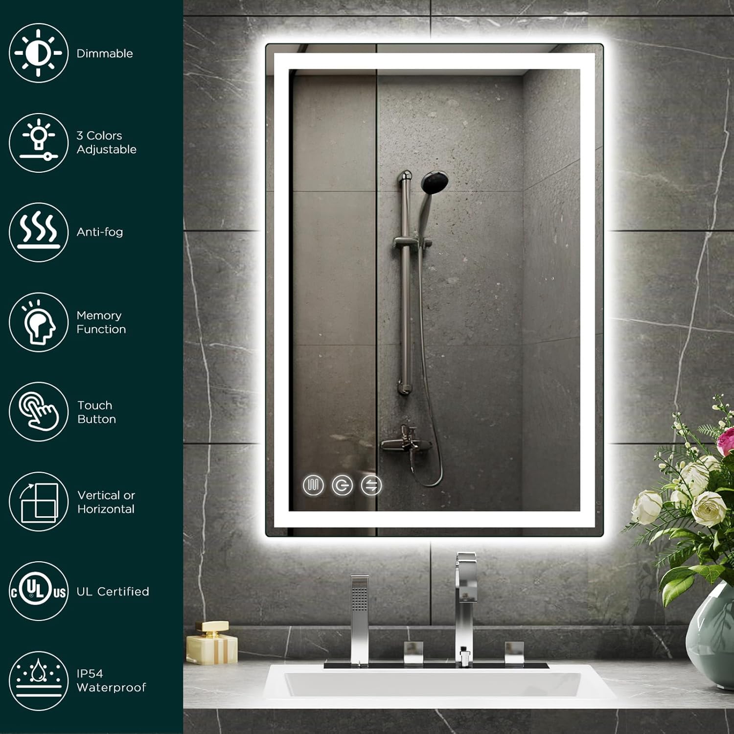 Espejo de baño LED con luces para pared, espejo inteligente de 24 x 36 pulgadas, espejos de pared delanteros y retroiluminados, certificación UL,