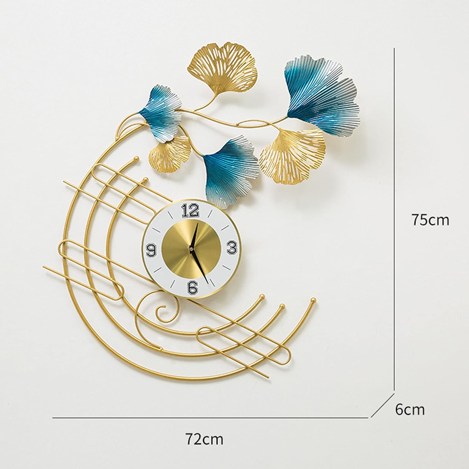 Wall Clock Modern Art Clock Large Metal Clock for Living Room, Modern Ginkgo Leaf Style 3D Art Decorative Gold Quartz Round Shape Silent Movement