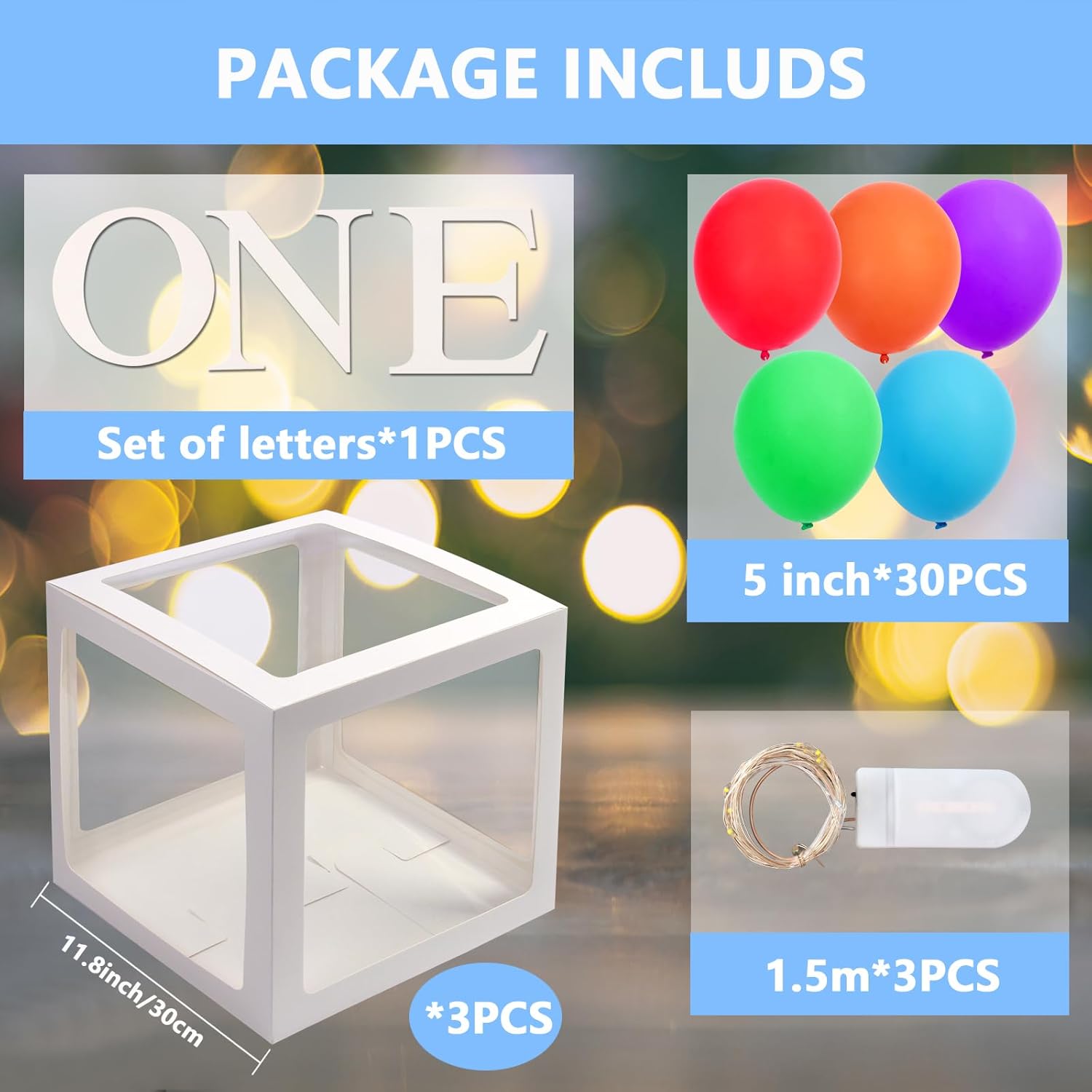 Cajas de globos de primer cumpleaños, cajas de globos con letras “O”N”E” con 3 tiras de 20 luces LED y 30 globos coloridos para fiestas de arcoíris,