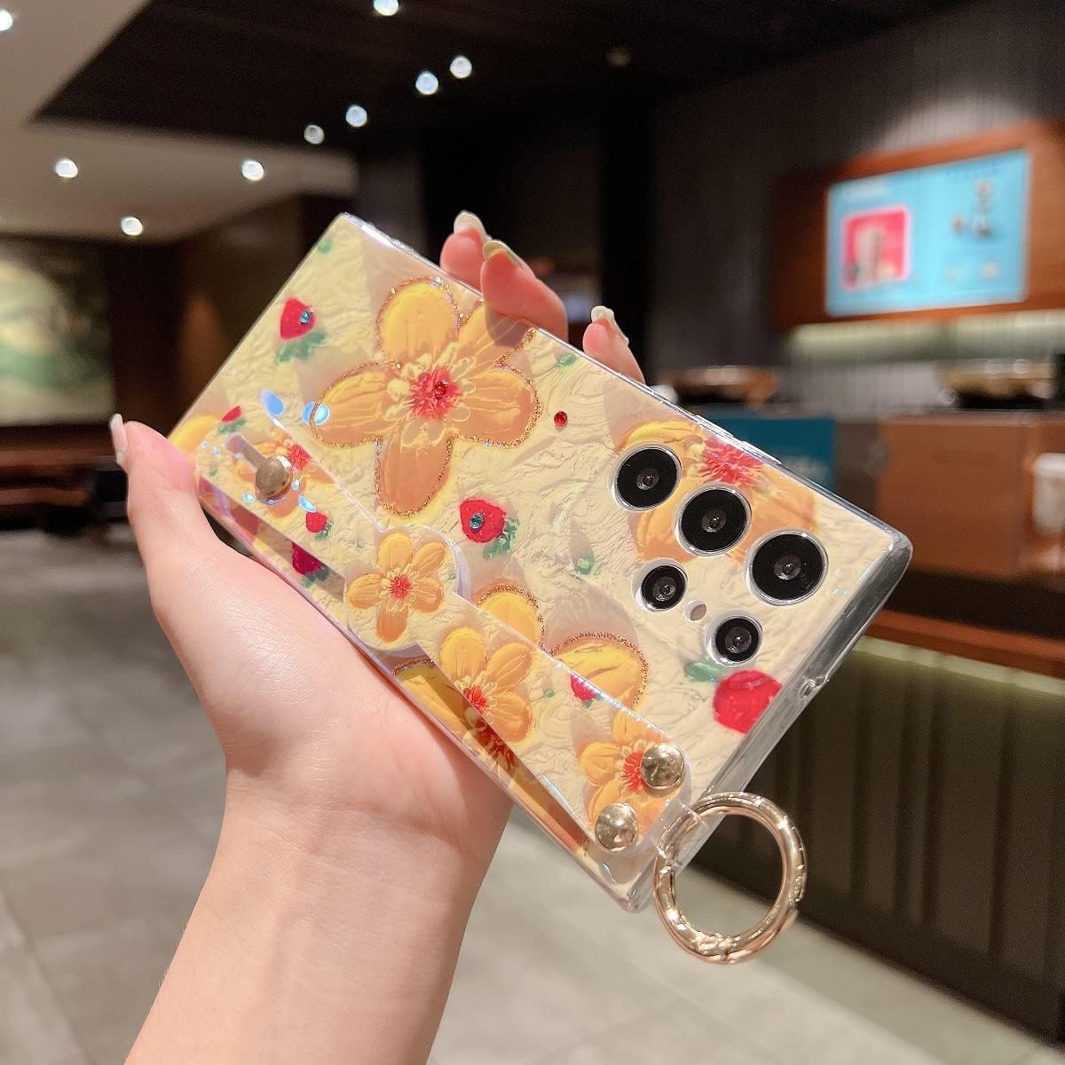 Funda para Samsung Galaxy S22 Ultra de 6.8 pulgadas, brillante con soporte de correa, diseño de patrón de flores de pintura al óleo de silicona a