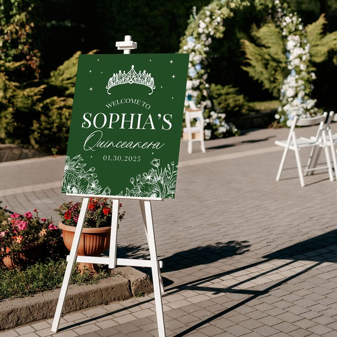 Andaz Press Letrero de bienvenida de quinceañera grande, corona con líneas florales de 16 x 20 pulgadas, lienzo premontado para Mis Quince Años,