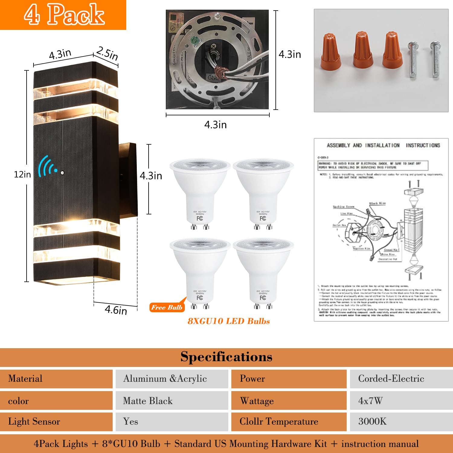 Paquete de 4 lámparas de pared para exteriores del anochecer al amanecer, 14 W, IP65, 3000 K, 1100 lm, iluminación blanca cálida para exteriores,
