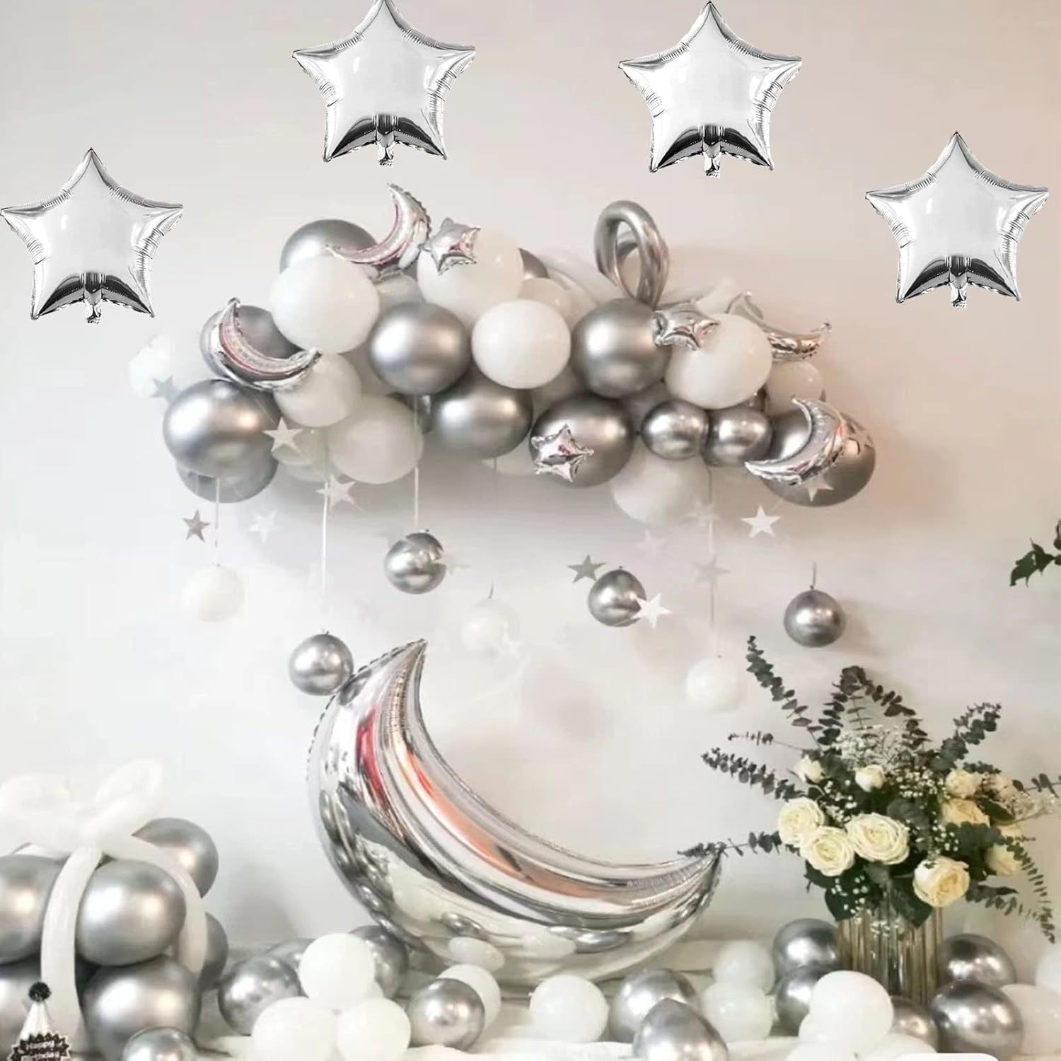 50 globos plateados de luna y estrella, globos de aluminio de luna de 36 pulgadas, globos de papel de aluminio de estrella de 18 y 10 pulgadas,