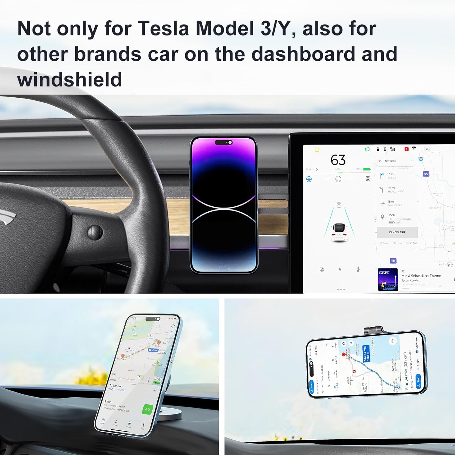 Qi2 Wireless Car Phone Charger Holder Compatible with MagSafe for Tesla Model 3Y, 15W Fast Charging Car Phone Mount Foldable Invisible Cradle Stand