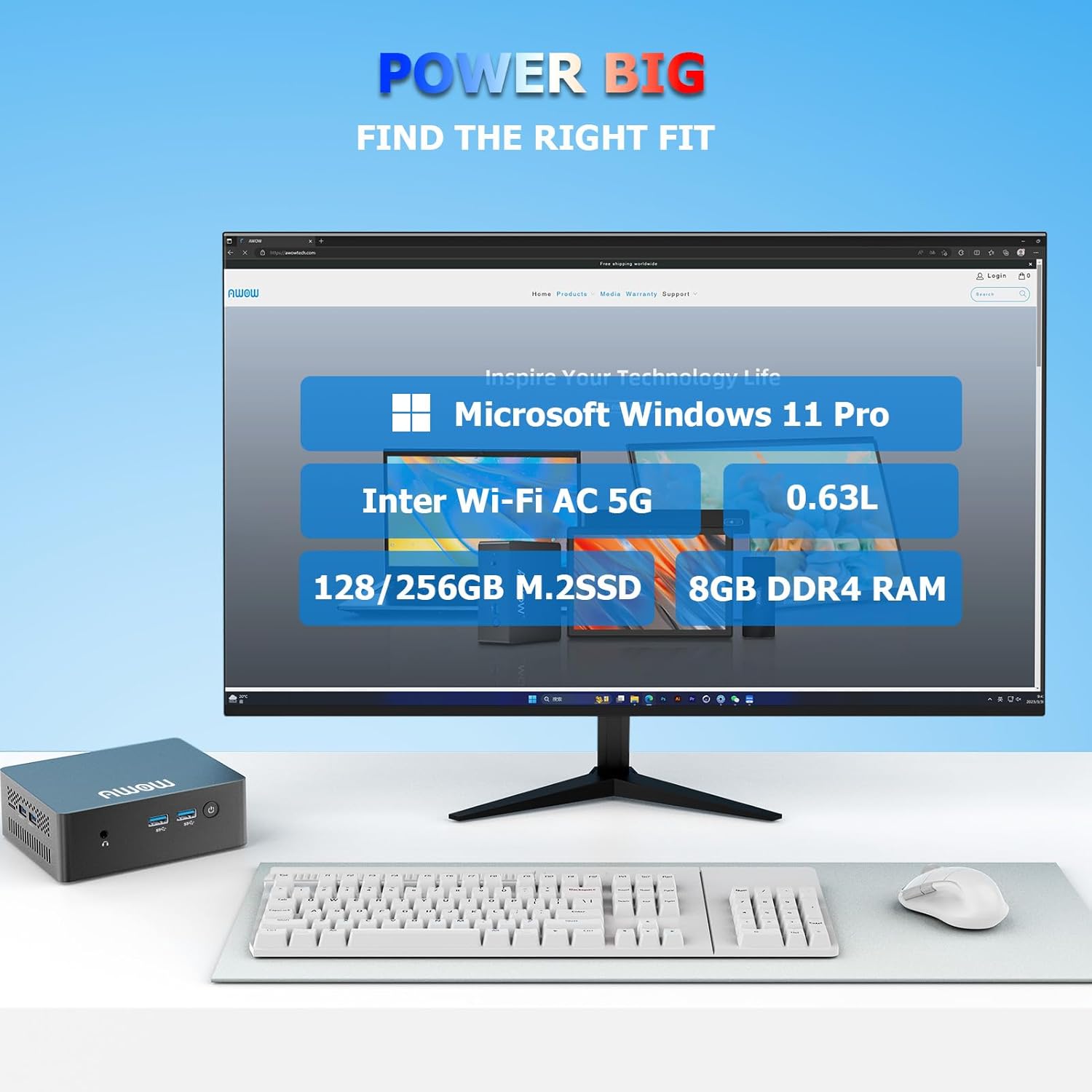 AWOW AL34 Mini PC 8GB DDR4 256GB SSD, Mini computadora de escritorio Intel J4105(hasta 2.5 GHz), pantalla HDMI dual 4K 60Hz, WiFi de doble banda,