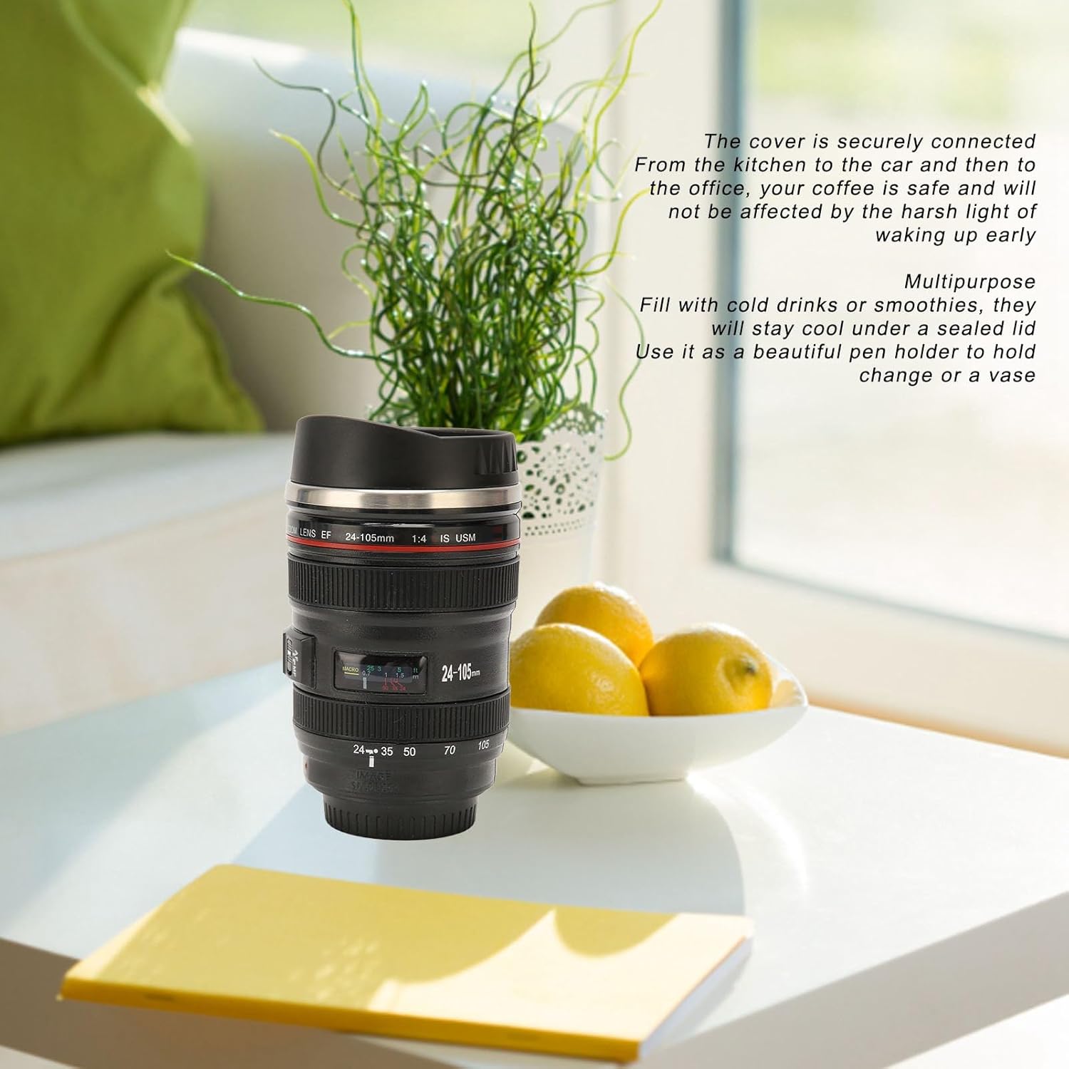 Taza de café con lente de cámara, taza de café de acero inoxidable para fotógrafo, taza de café de viaje con tapa, forro interior de acero