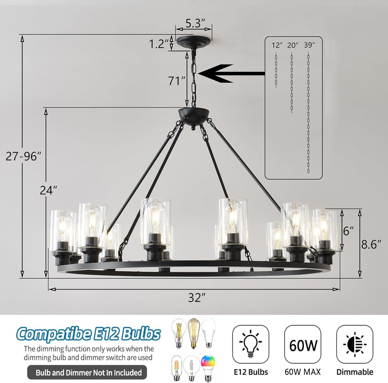 Candelabro grande negro de 32 pulgadas con ruedas de carro, moderna lámpara colgante de cristal de granja, 12 luces, accesorios de iluminación para