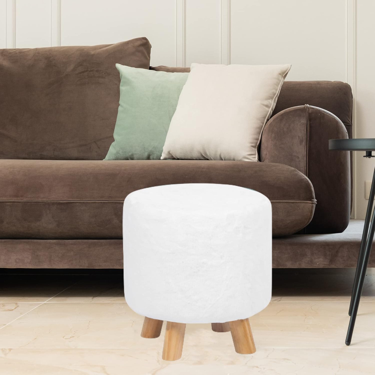 Adeco Reposapiés pequeño redondo con patas de madera, reposapiés peludo, asiento acolchado para mascotas, taburete para sala de estar, dormitorio,