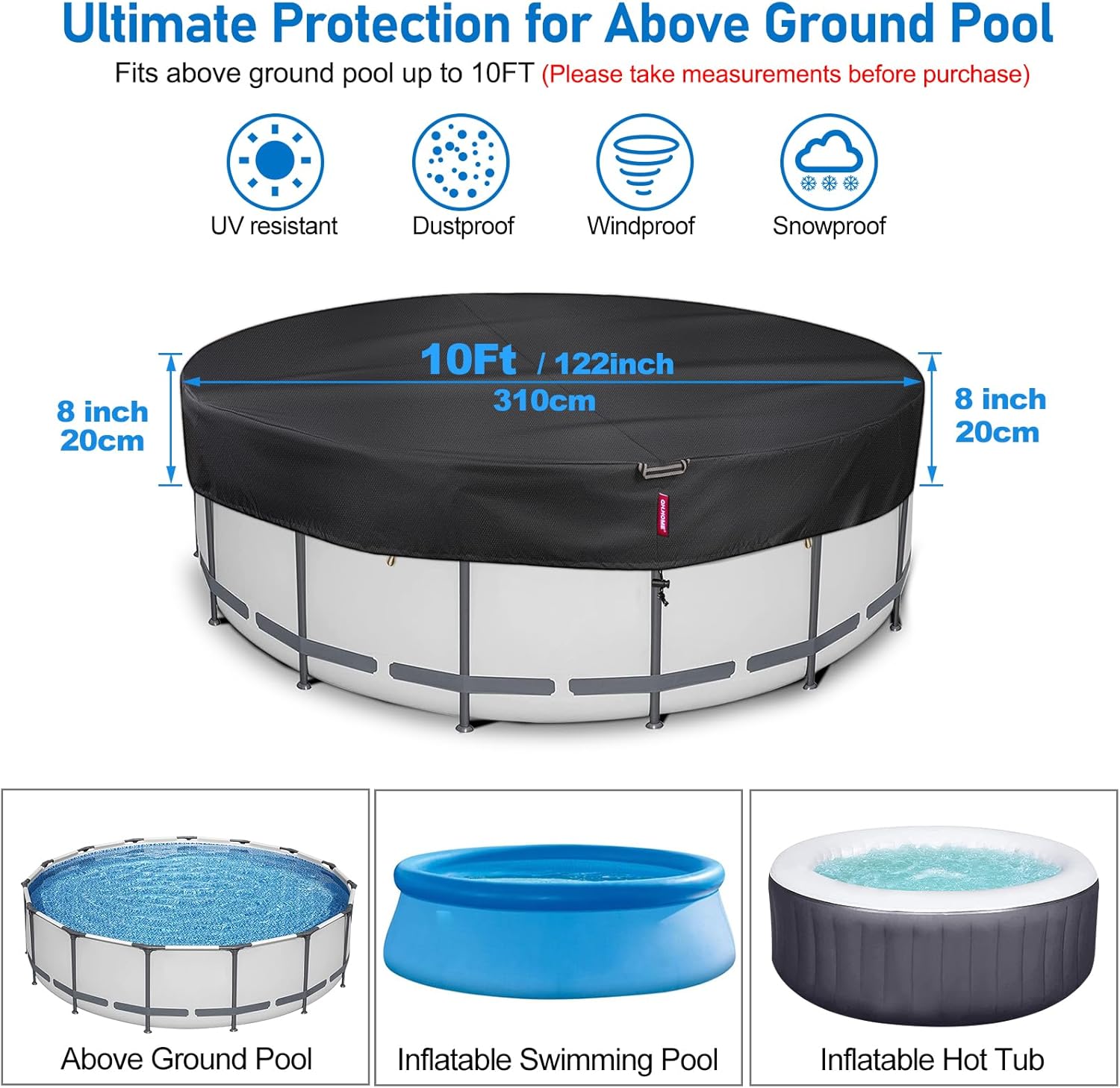 Cubierta redonda de piscina de 10 pies, 500D resistente a desgarros, cubiertas solares para piscinas sobre el suelo, cubierta de piscina resistente