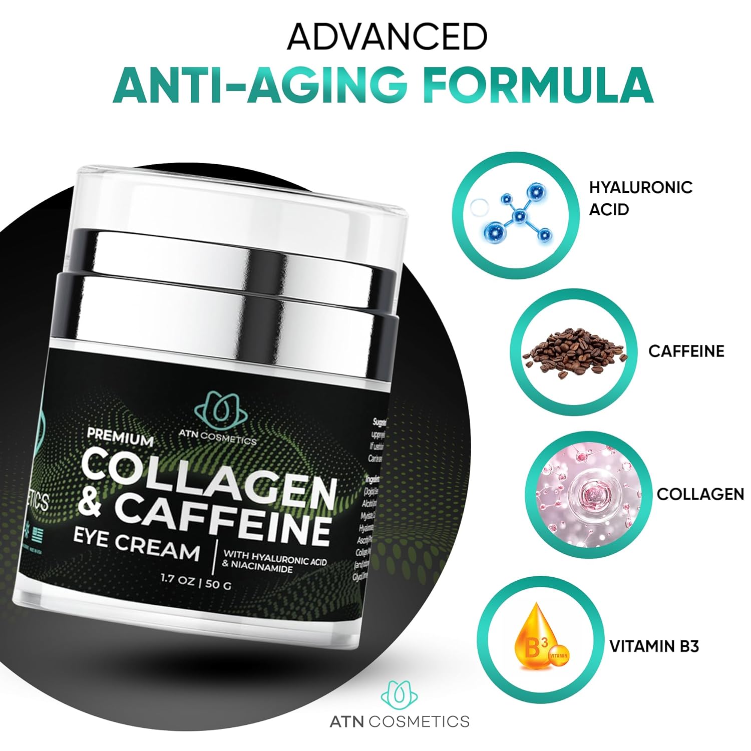 ATN Cosmetics Crema de ojos de colágeno y cafeína para todo tipo de pieles, crema de ojos para ojeras, arrugas e hinchazón, infundida con ácido