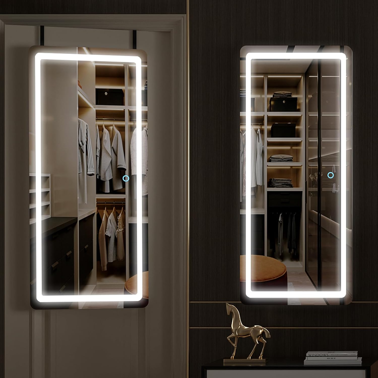 Biyatuos Espejo de pared con luz LED de 40 x 16 pulgadas, espejo de longitud completa con luces, espejo para colgar sobre la puerta, espejo para