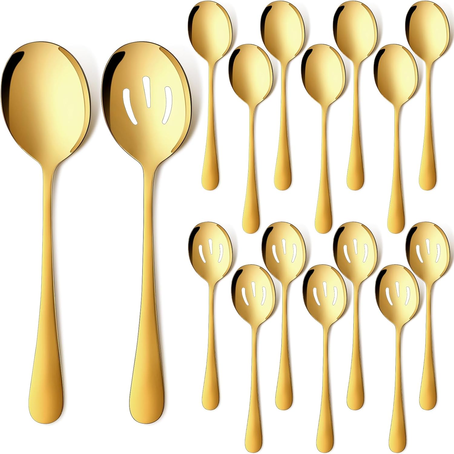 Juego de 16 cucharas doradas de acero inoxidable, incluye grandes cucharas ranuradas de metal para Navidad, bufé, fiesta, banquete, cocina,