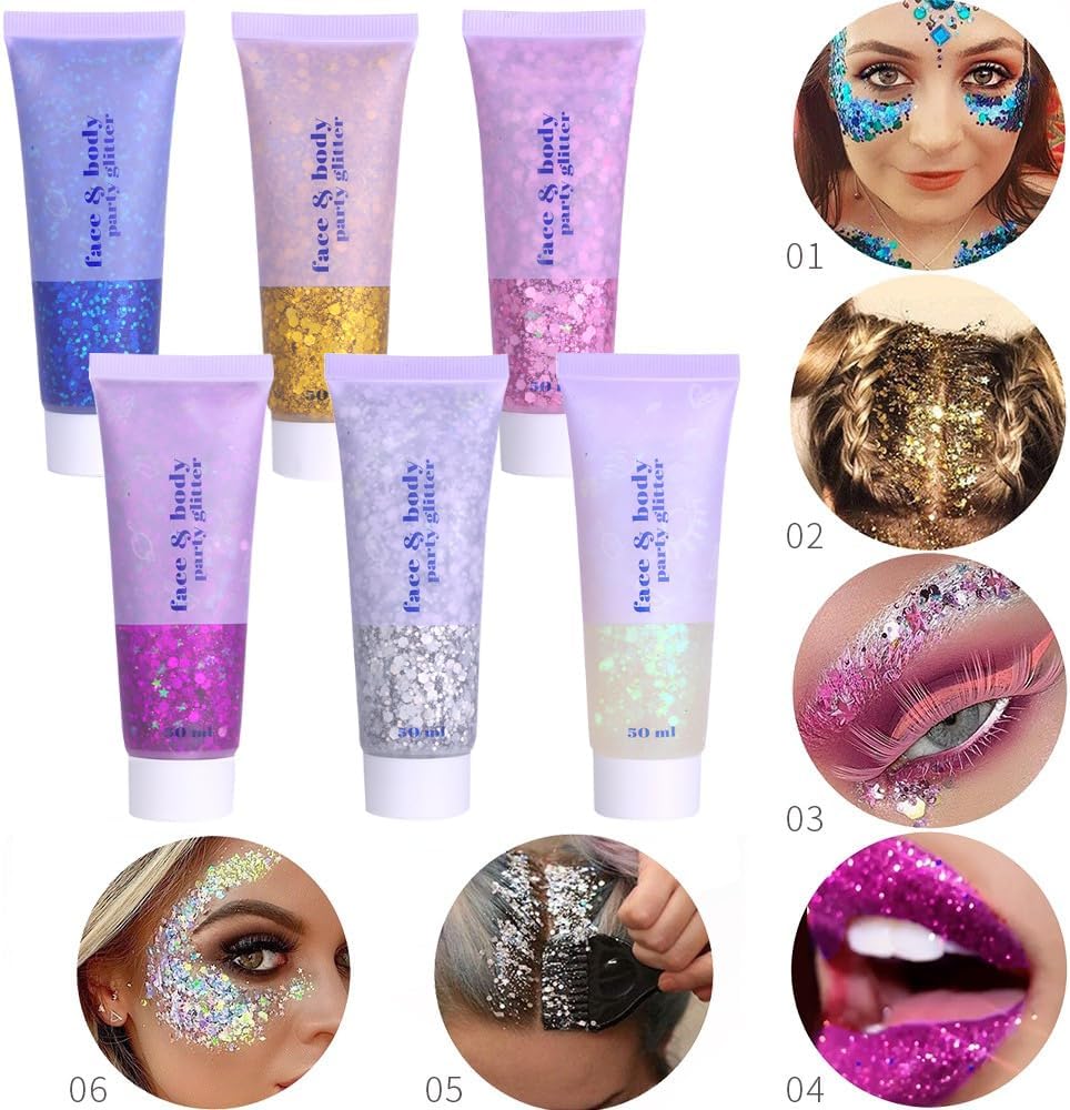 Brillantina facial de 3 colores, traje de neón brillante para cabello, cara y cuerpo con purpurina en gel resaltador (01-azul y 04-rosa y 06-blanco
