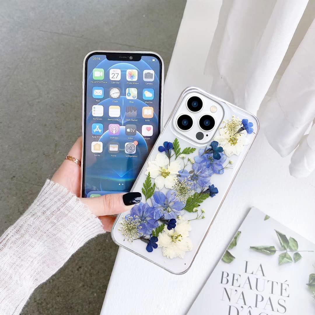 Abbery Funda protectora para iPhone 13 Pro de 6.1 pulgadas con diseño de flores reales secas, con diseño de flores reales secas, para mujeres y