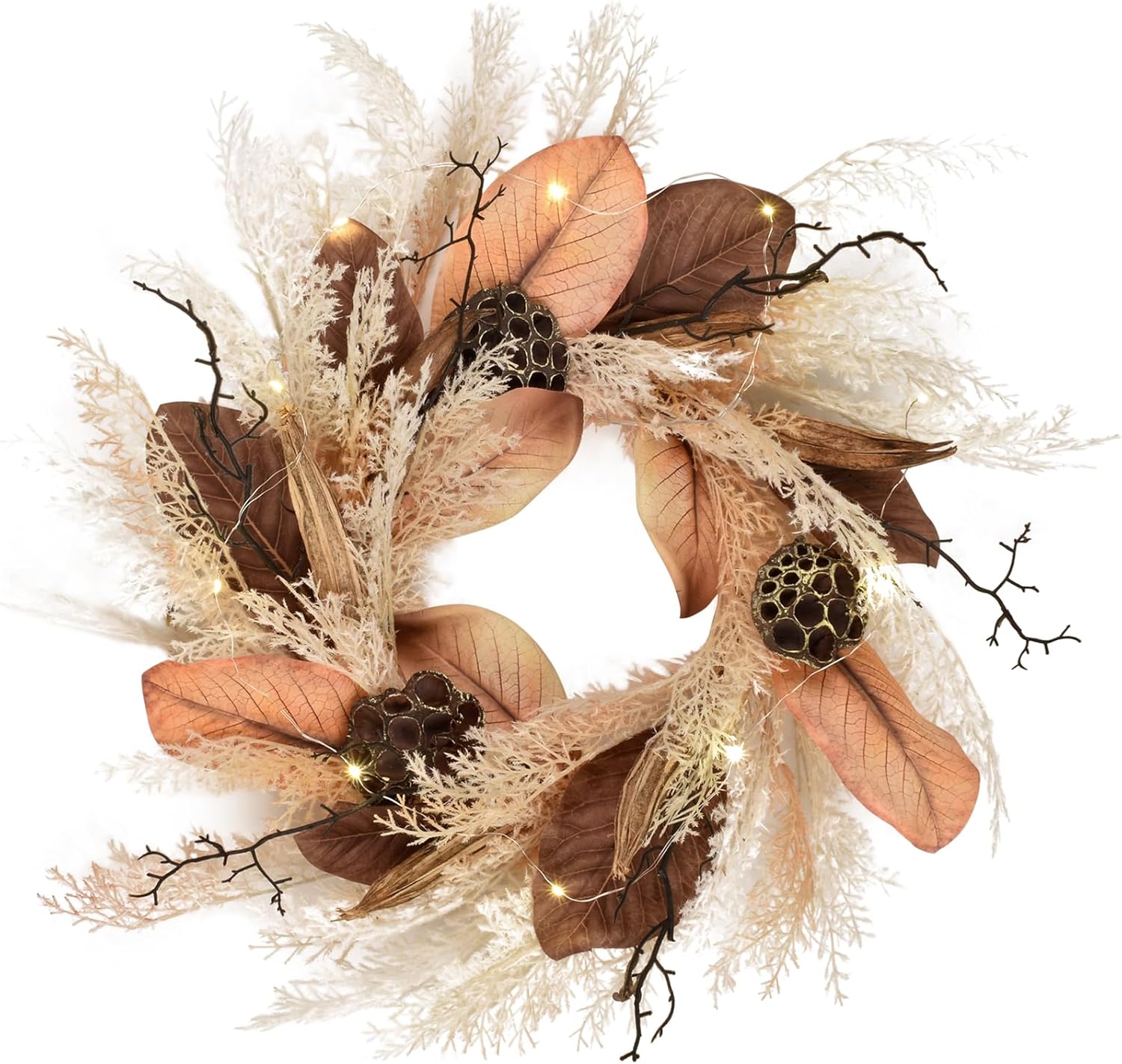 Coronas de otoño de 24 pulgadas con LED para decoración exterior de puerta delantera, pasto de plástico, hojas de magnolia, okra, vainas de loto,