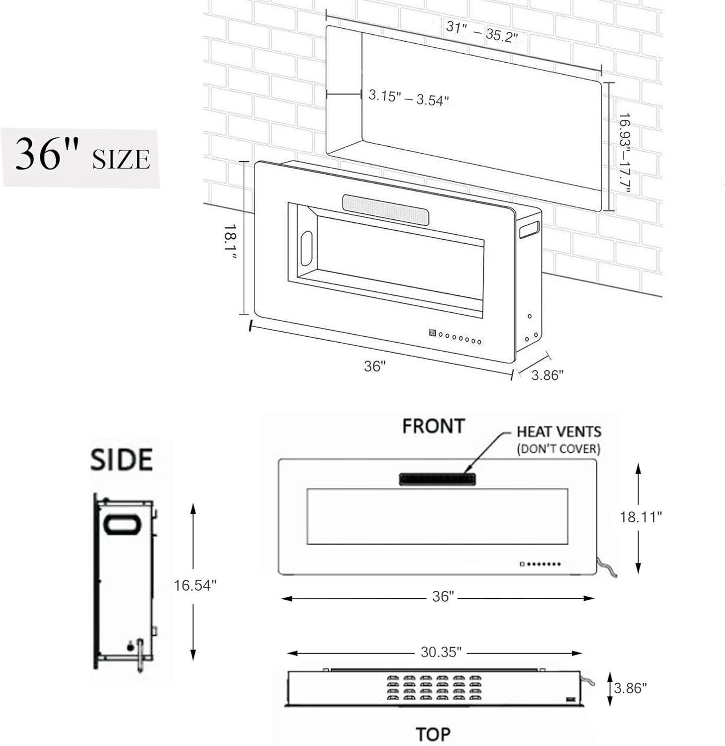 Chimenea eléctrica Finefind empotrada, ultra delgada, de 3.8 pulgadas de inserción, montada en la pared o encastrada, de fácil instalación con mando