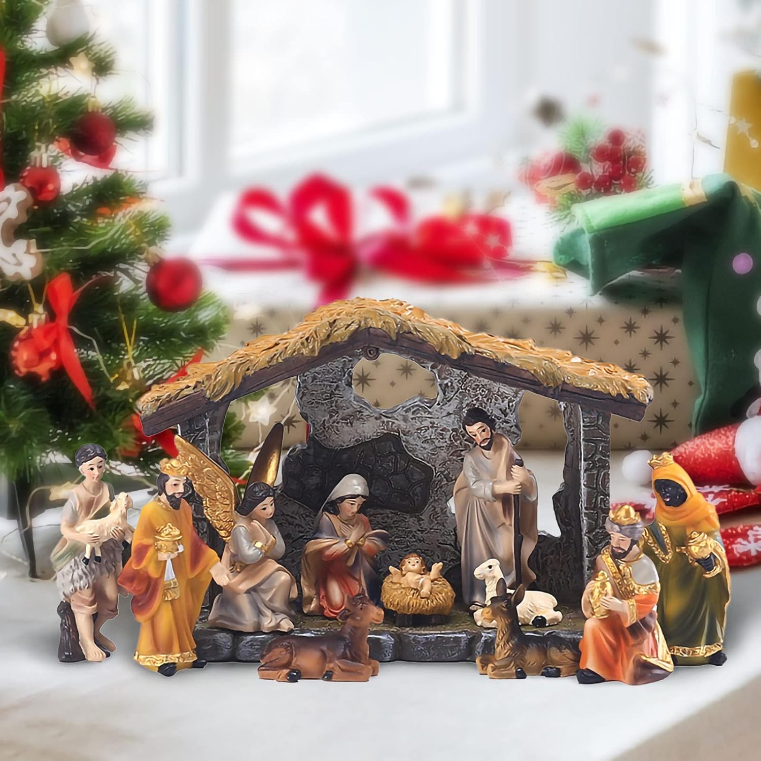 Adornos de grupo de pesebre de Navidad, juego de nacimiento de Jesús para interiores, 12 piezas, estatuas de belén de aldea de Navidad de resina,