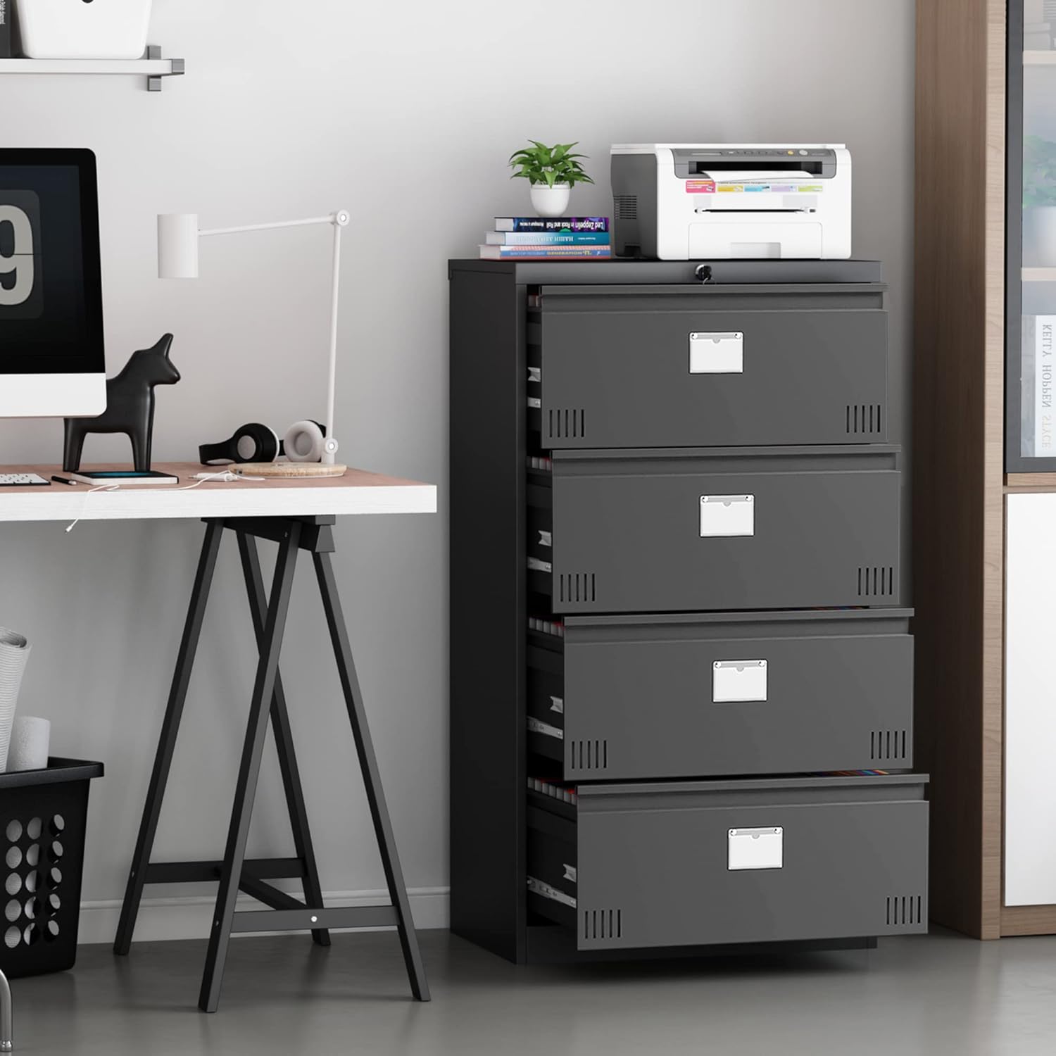 Petonline Archivador lateral de metal para oficina en casa, archivador lateral de 4 cajones con cerradura, archivador horizontal de metal con ranura