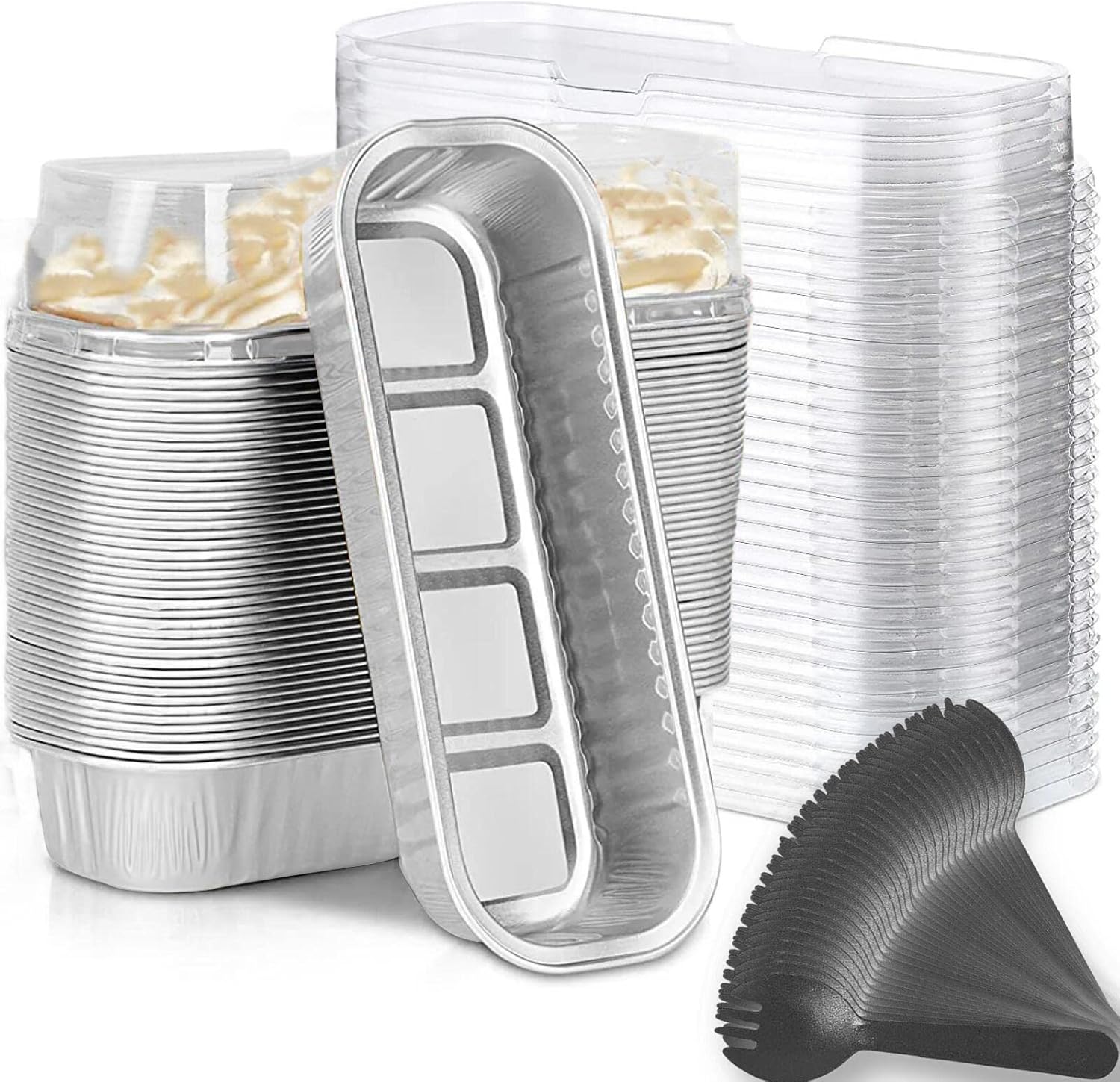 Mini moldes para hornear pan con tapas y cucharas (paquete de 50 unidades, 6.8 onzas), moldes rectangulares de papel de aluminio para hornear,