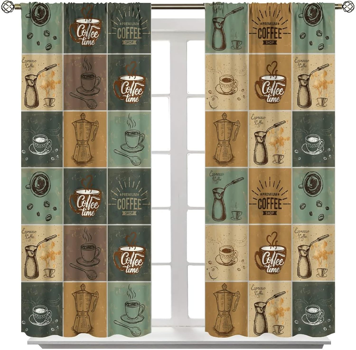 Cortinas de ventana de cocina de café, juego de cafetería y café, diseño vintage de café, oscurecimiento de habitación, cortina con bolsillo para