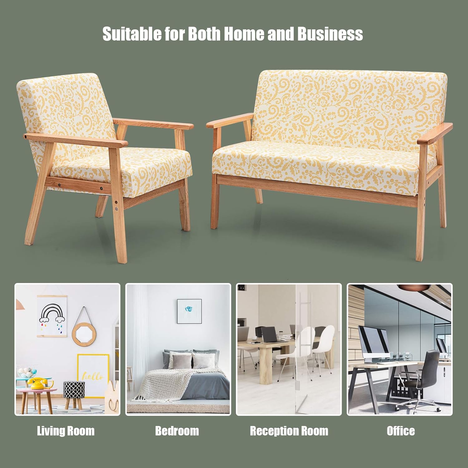 Giantex Mid-Century – Juego de sillas decorativas de madera de dos plazas, silla decorativa de madera tapizada con madera de caucho, bonito patrón,