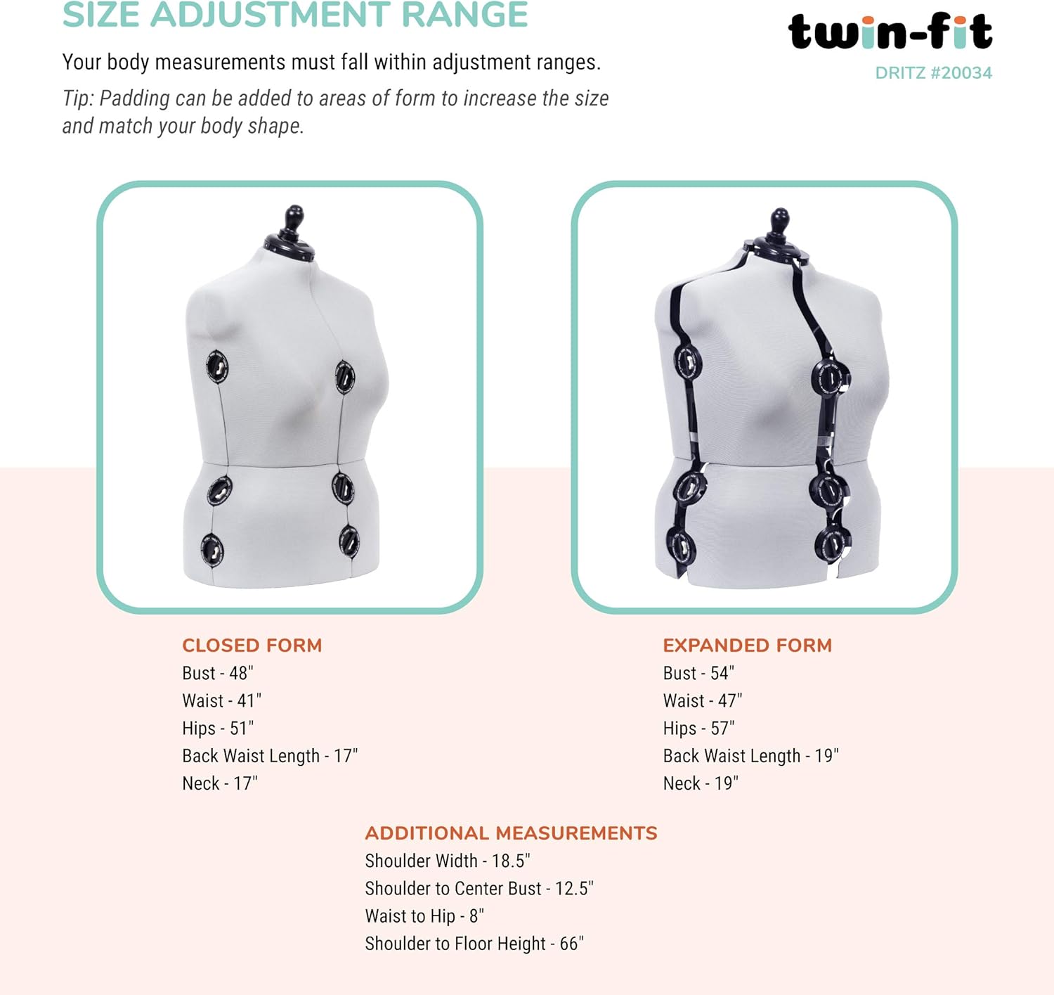 Dritz Soporte ajustable de triple cápsula, forma de vestido de figura completa, gris plateado y forma de vestido ajustable para coser, mediano,