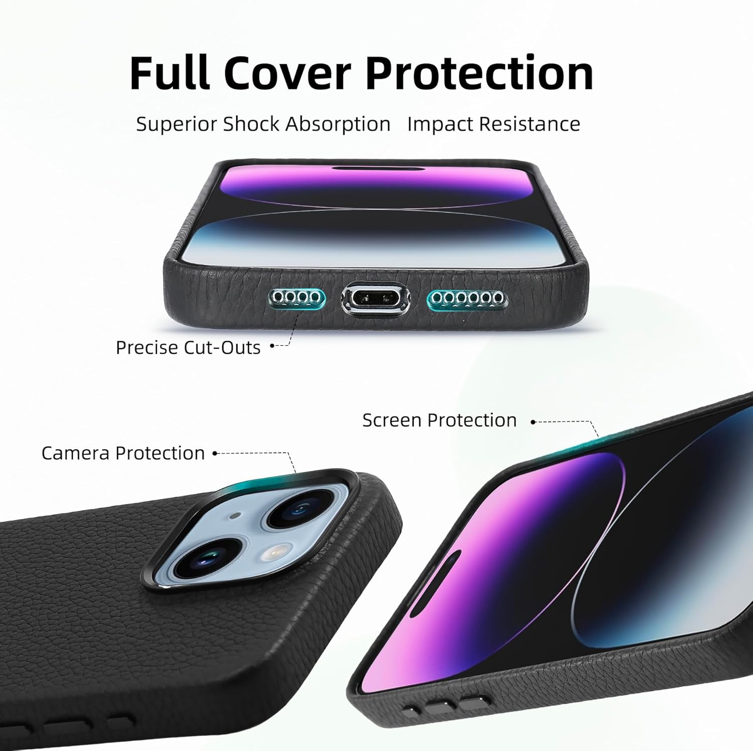 Funda de cuero genuino para iPhone 15 (6.1 pulgadas) Funda magnética de cuero de grano superior Litchi – Compatible con Magsafe – Negro