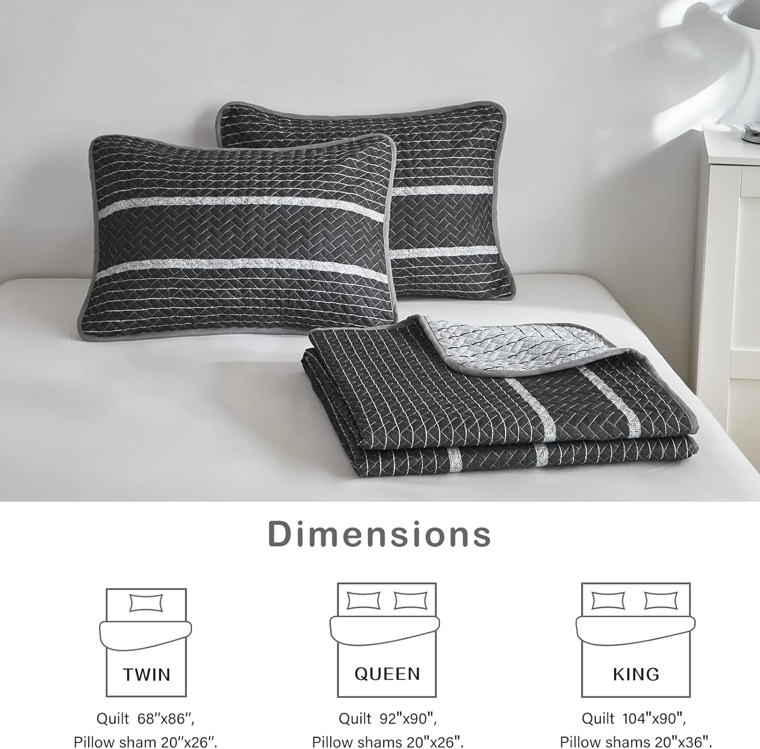 Flysheep Juego de edredón bohemio gris oscuro tamaño individual para niños, 2 piezas de edredón reversible a rayas blancas sobre negro, colcha de