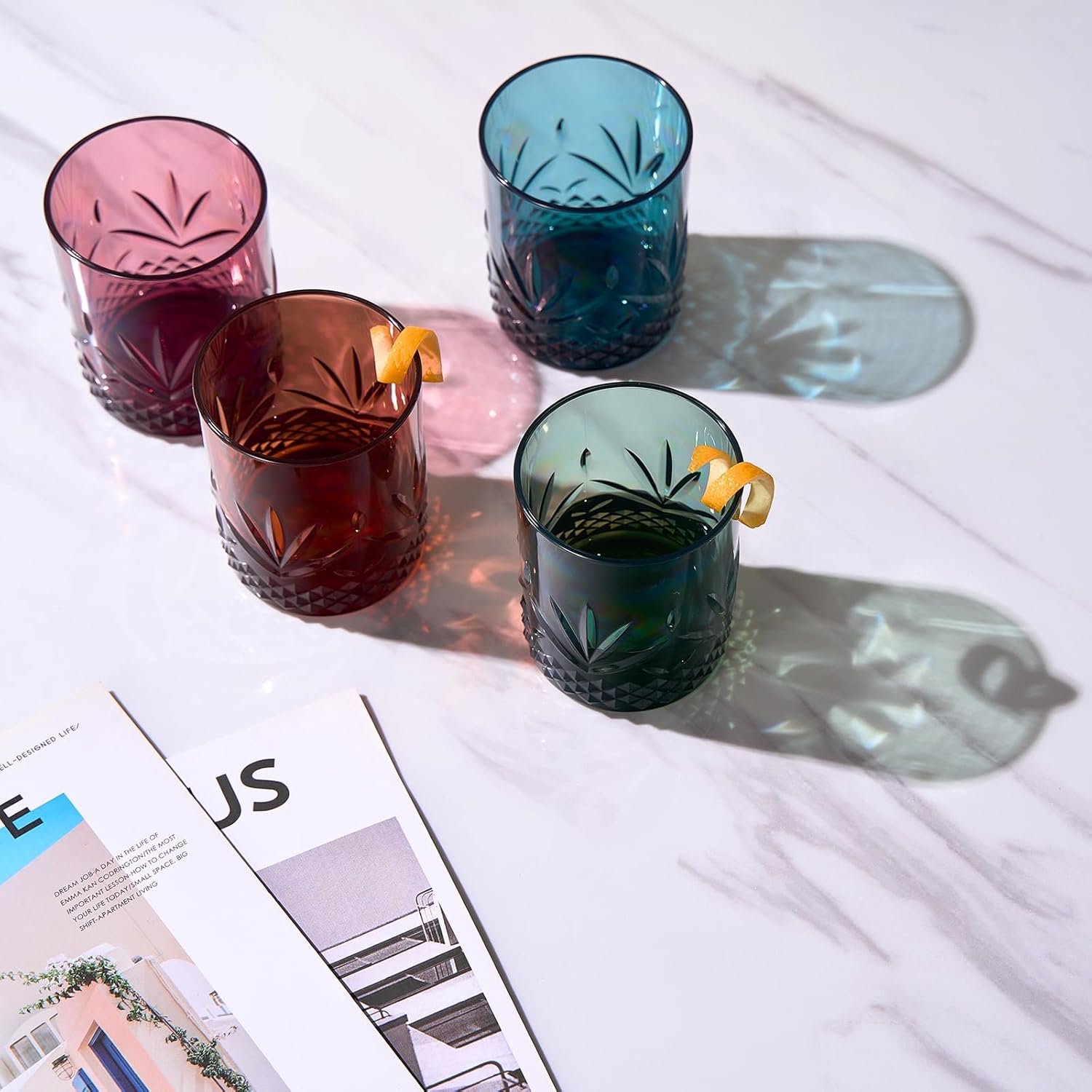Vasos irrompibles de plástico Tritan para cóctel, whisky, agua y vino  Juego de 4 vasos  Rocas reutilizables a la antigua, colores pastel acrílicos
