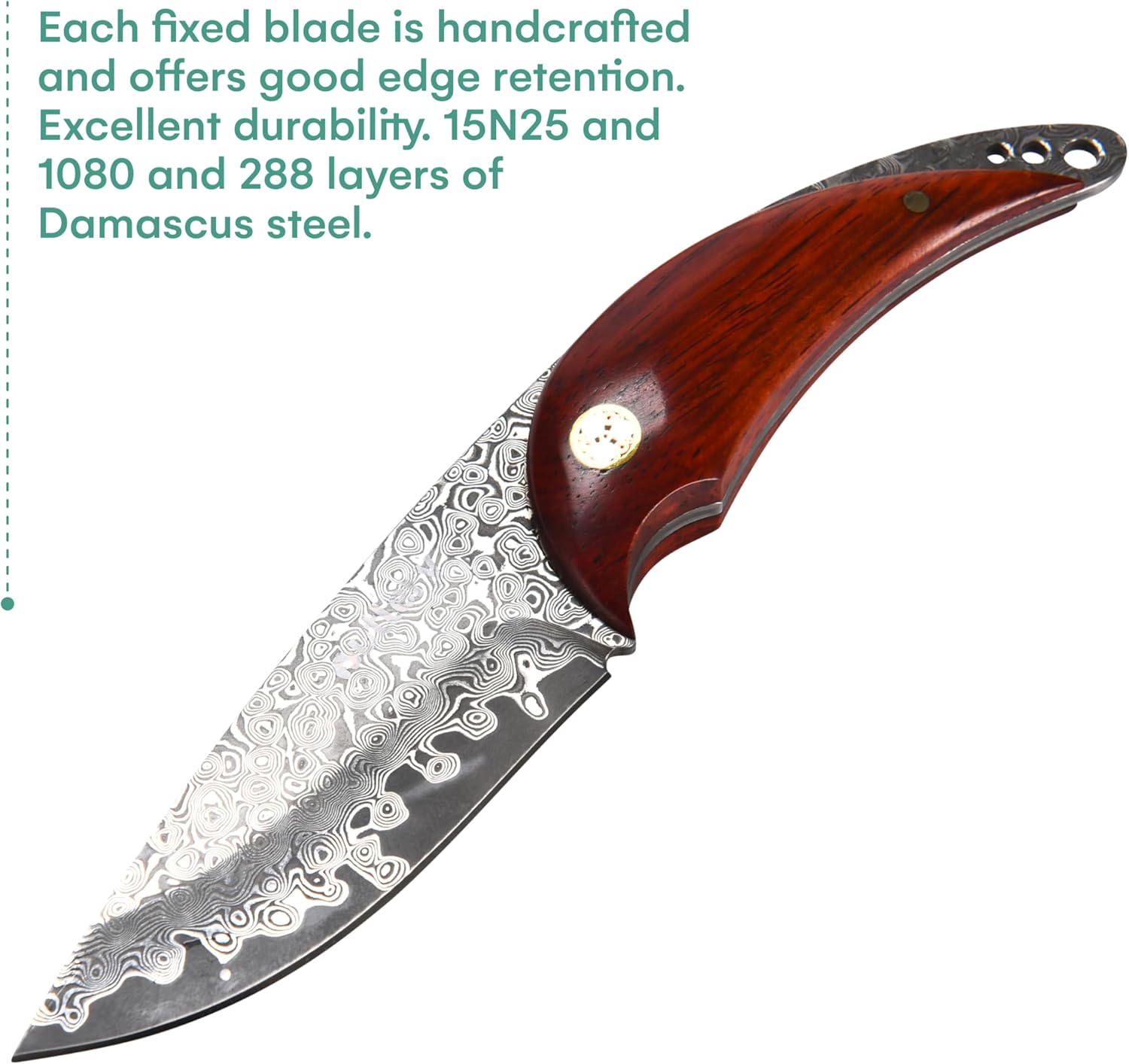 Outlery Cuchillo de acero de Damasco  Cuchillo táctico de caza de hoja fija con funda para cinturón, acero de calidad hecho a mano, ideal para