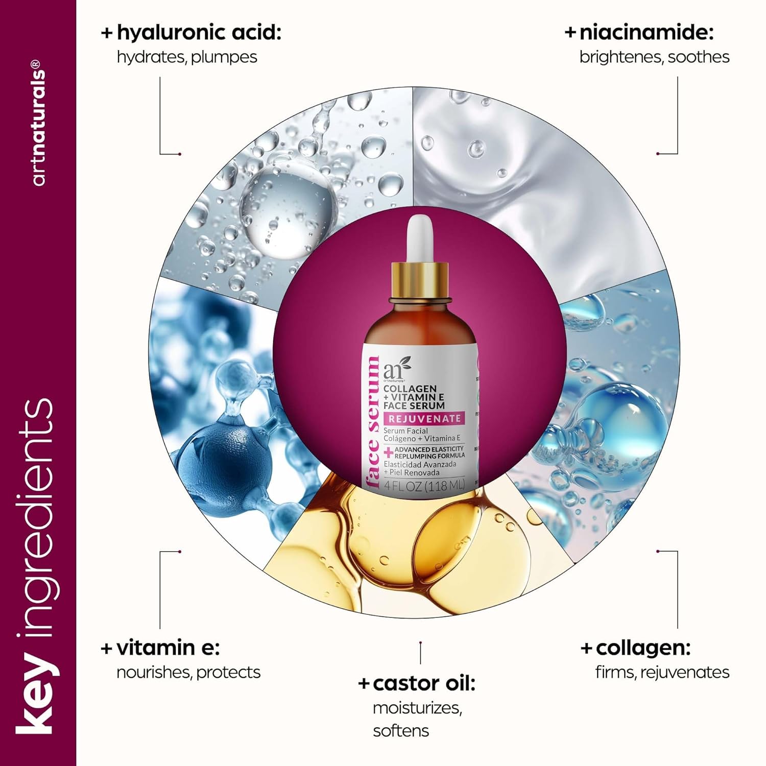 artnaturals Sérum potenciador de colágeno para cara, antienvejecimiento, reduce las arrugas y aumenta el colágeno, cura y repara la piel, mejora el