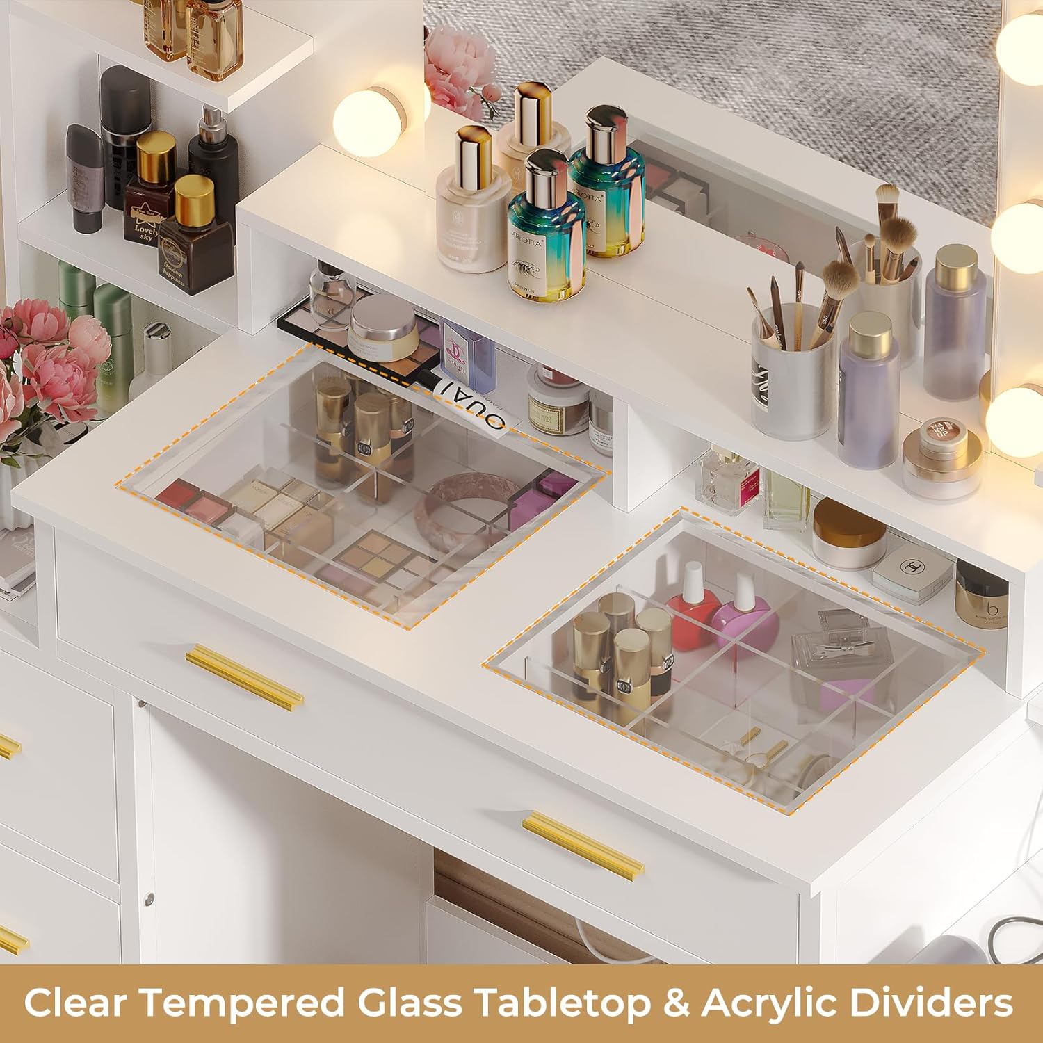 BTHFST Escritorio de tocador de cristal con espejo y luces, tocador de maquillaje con luces, estación de carga y espejo de aumento de 10x, mesa de