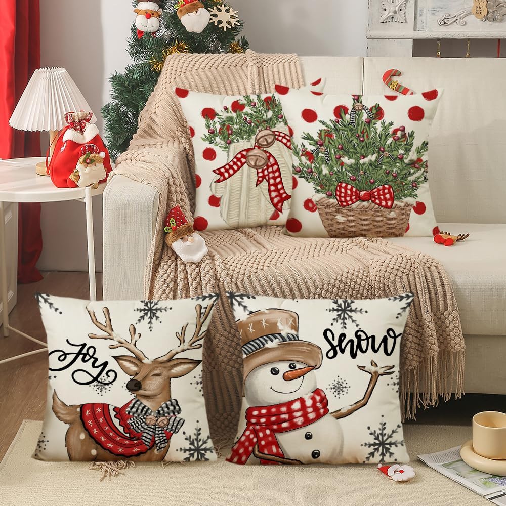 LITIVY Juego de 4 fundas de almohada decorativas para decoración de Navidad, decoración del hogar para sofá (árbol de Navidad, muñeco de nieve,
