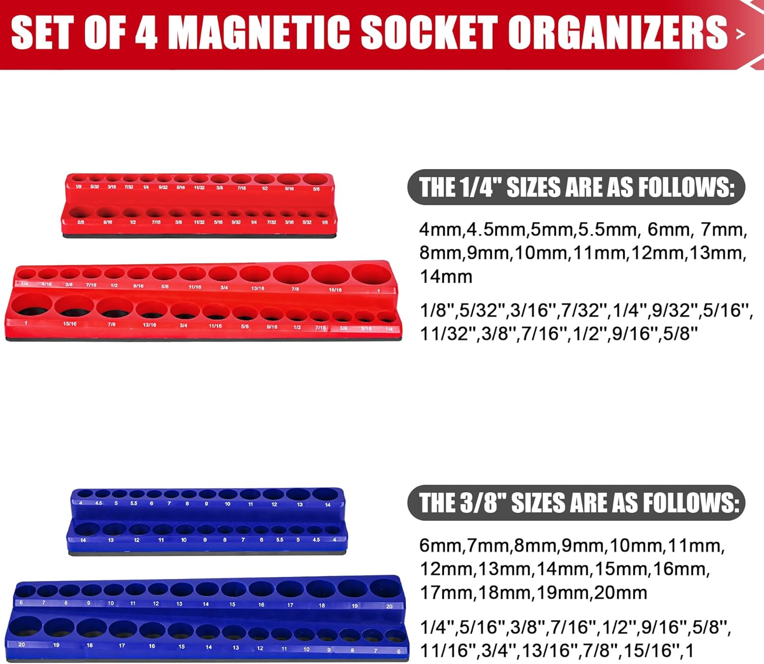 Organizador magnético de llaves de vaso de 4 piezas, soporte magnético de 14 pulgadas, 38 pulgadas, bandejas métricas SAE para enchufes, juego de