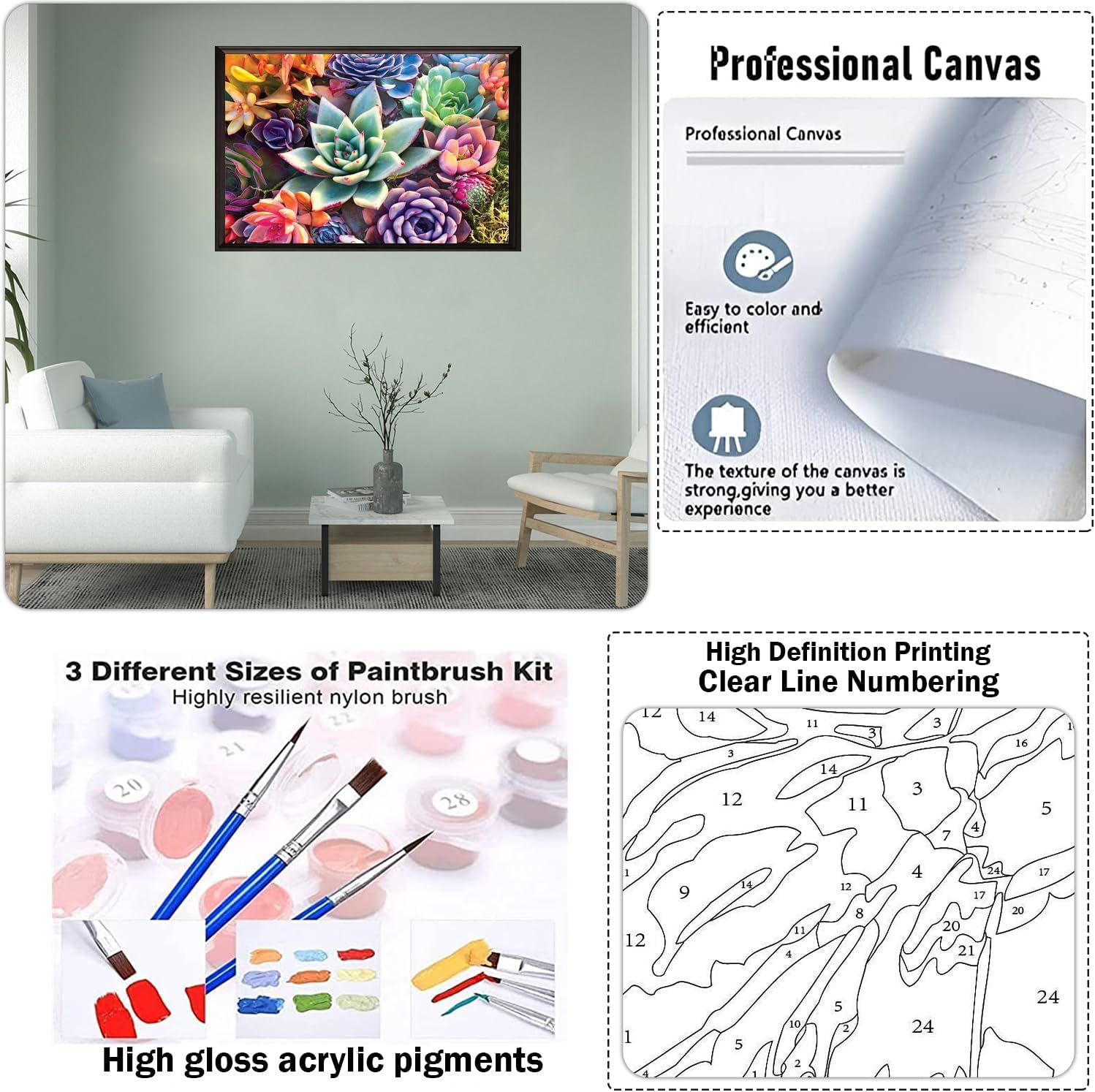 Aestalrcus Pintura por números grande para adultos, suculenta acrílica para adultos, kits de pintura por números sobre lienzo, 16 x 24 pulgadas,