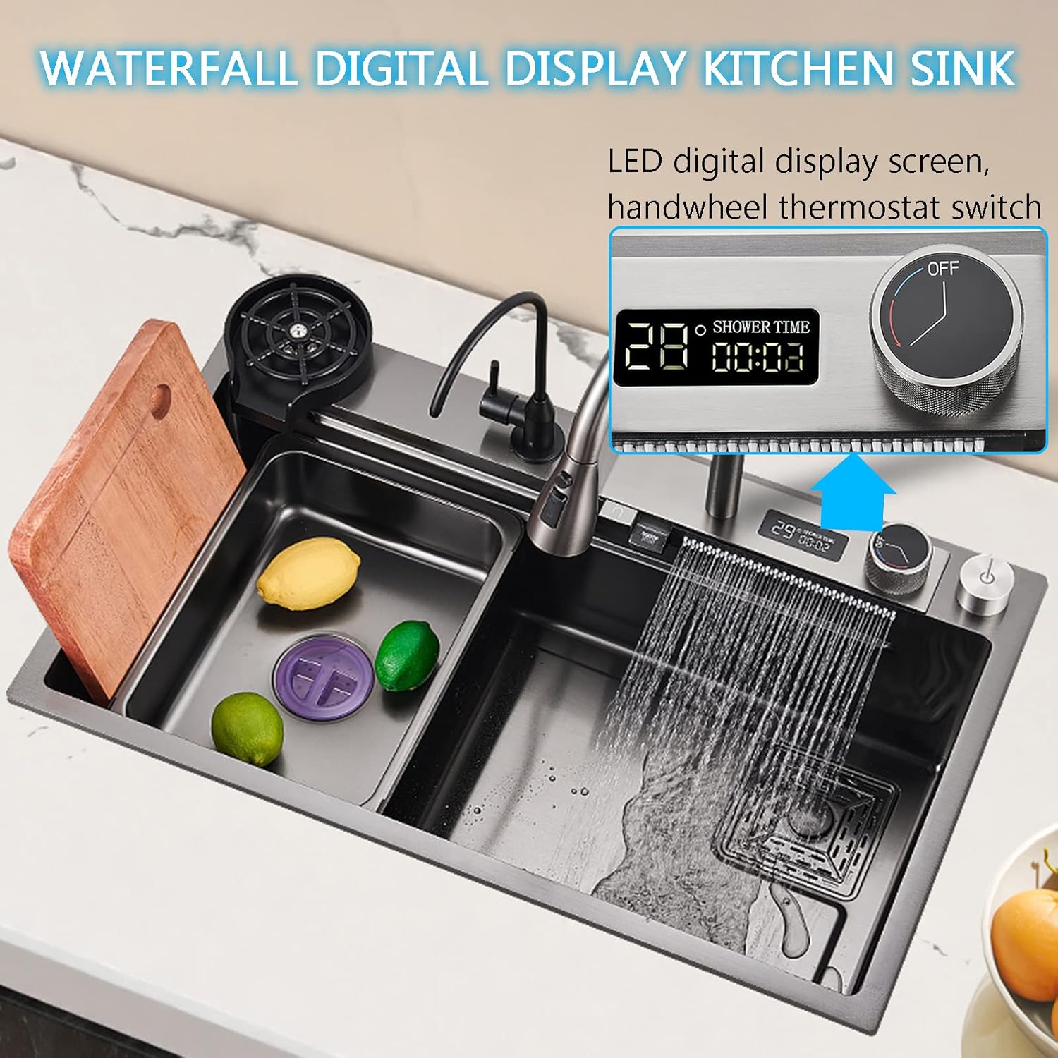 Fregadero de cocina con cascada de lluvia voladora, fregadero de cocina de acero inoxidable, fregadero de cocina con fregadero de cocina individual,