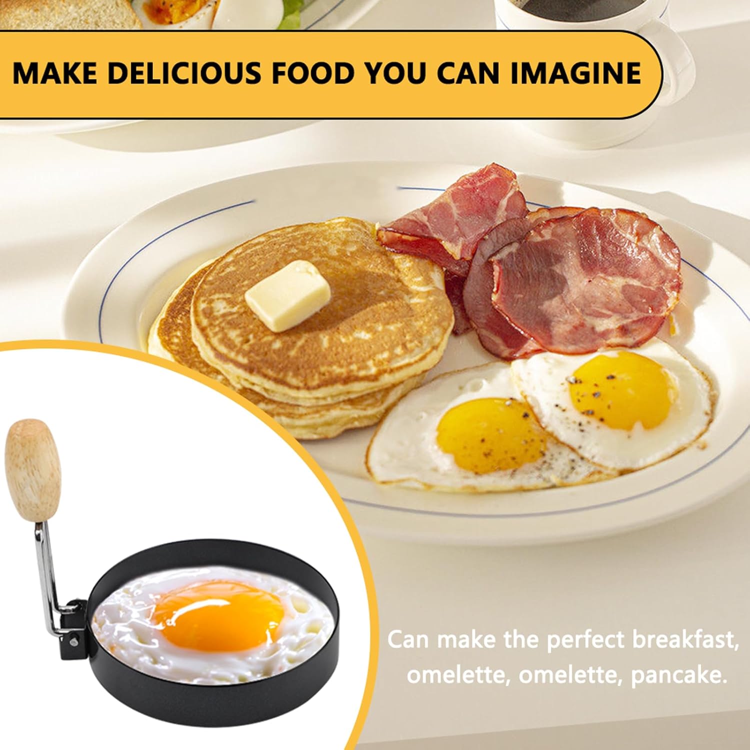 Anillos de huevo para freír huevos, 4 unidades, antiadherentes, tortilla y panqueques para plancha con mango de madera (juego de 4)