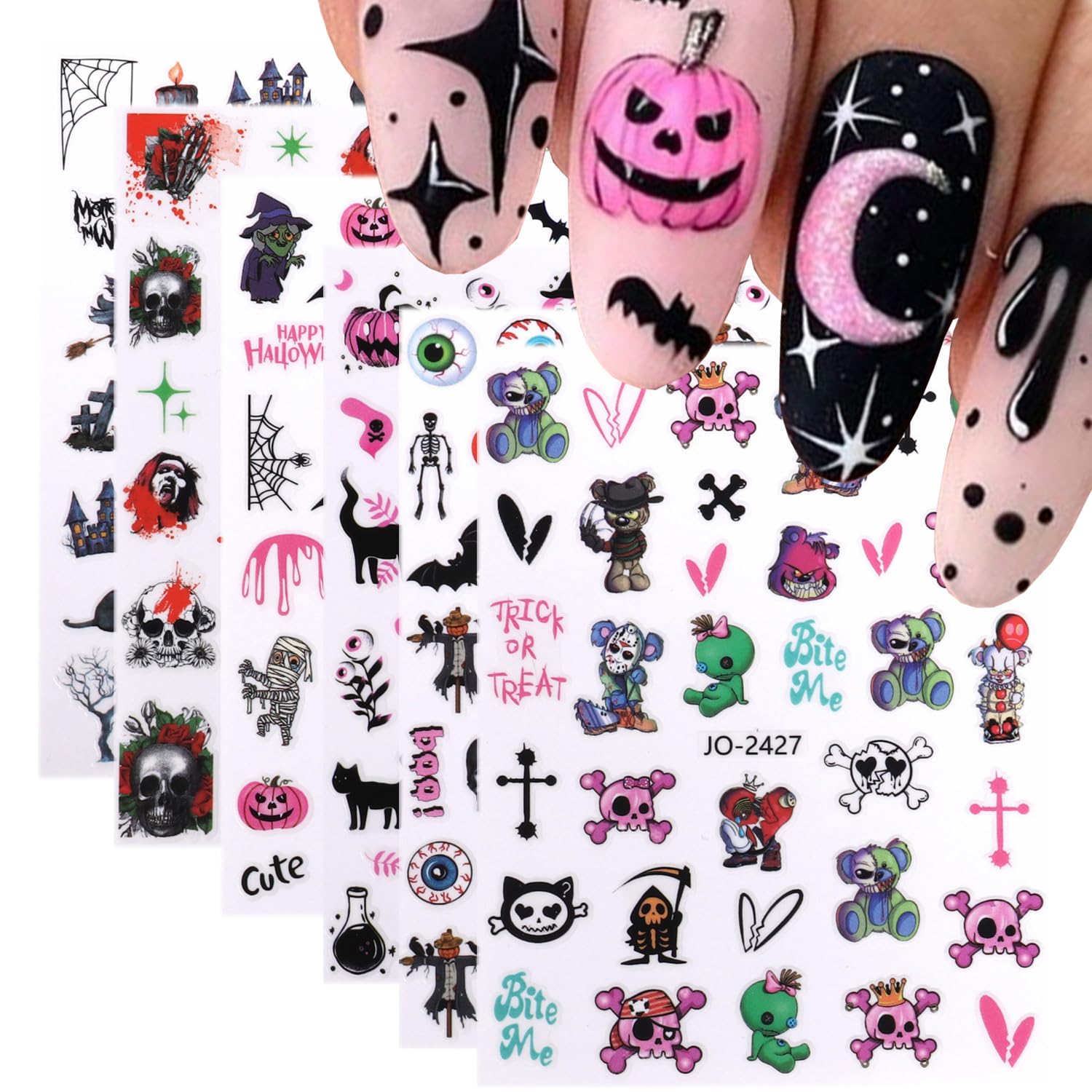 6 hojas de calcomanías de arte de uñas de Halloween 3D, autoadhesivas, telaraña, murciélago, calavera, fantasma, calabaza, diseños de arte de uñas,
