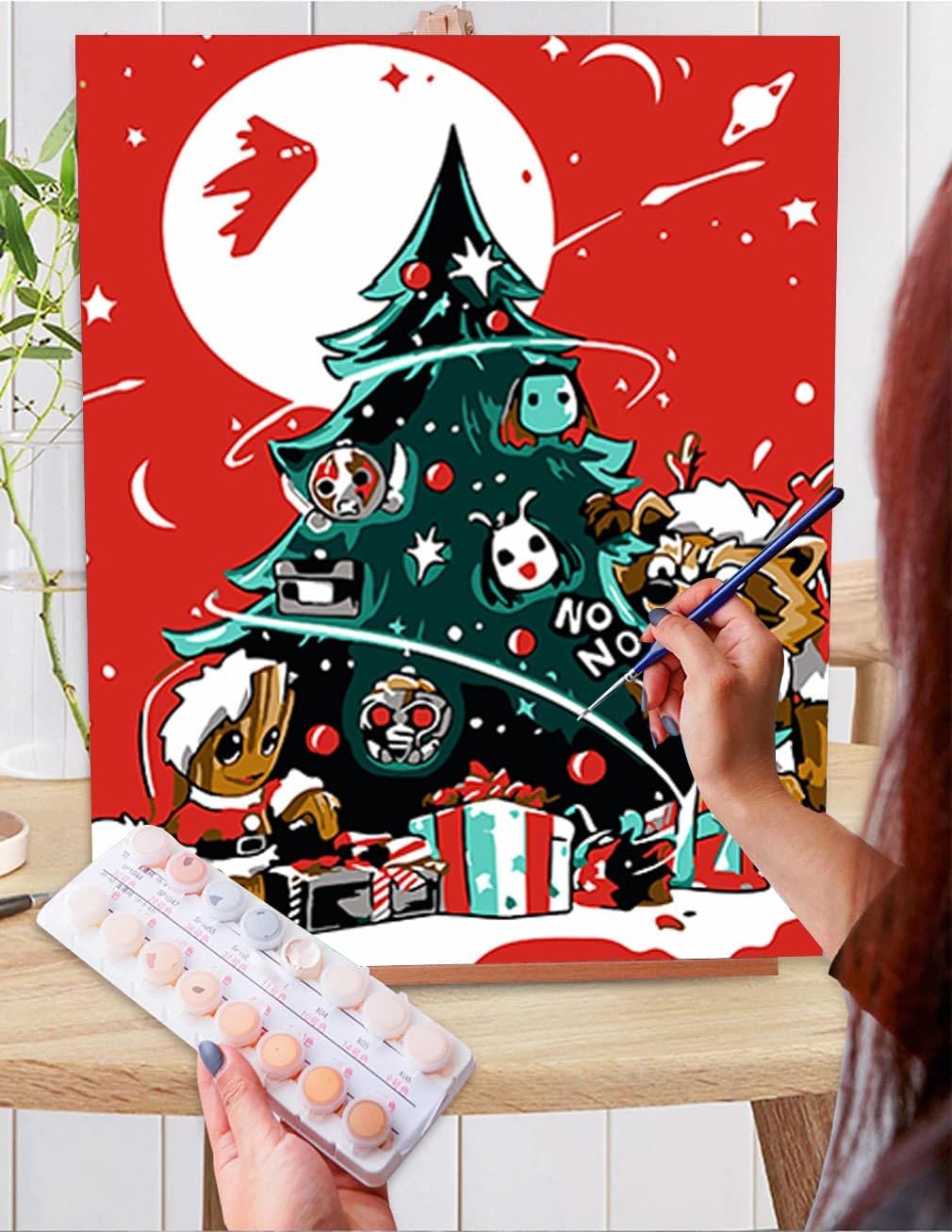 Paquete de 4 pinturas de dibujos animados de Navidad por números para niños de 8 a 12 años, pintura acrílica fácil de luna por número para niños