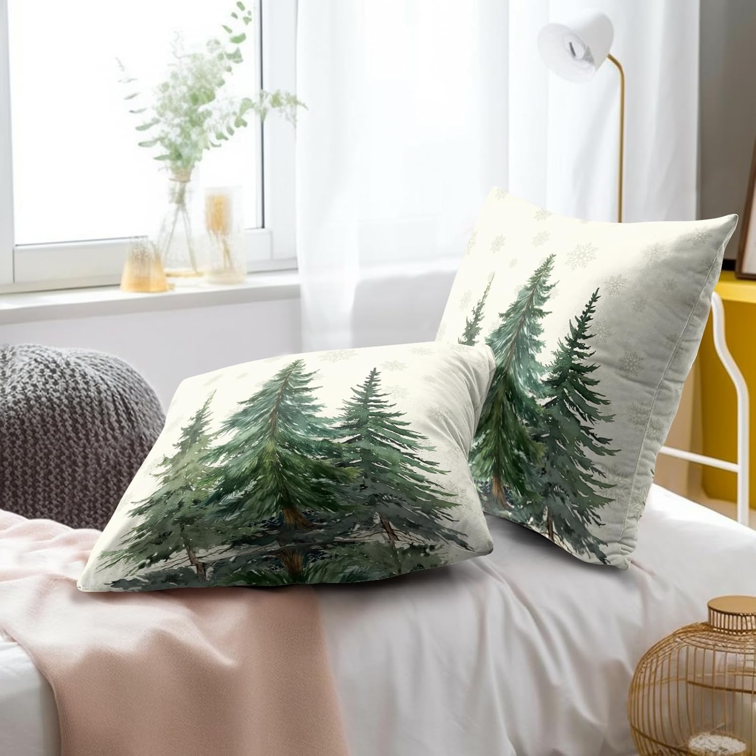 Juego de 2 fundas de almohada de bosque de pinos de 22 x 22 pulgadas, color verde nieve, cedro y abeto beige, fundas decorativas de invierno para