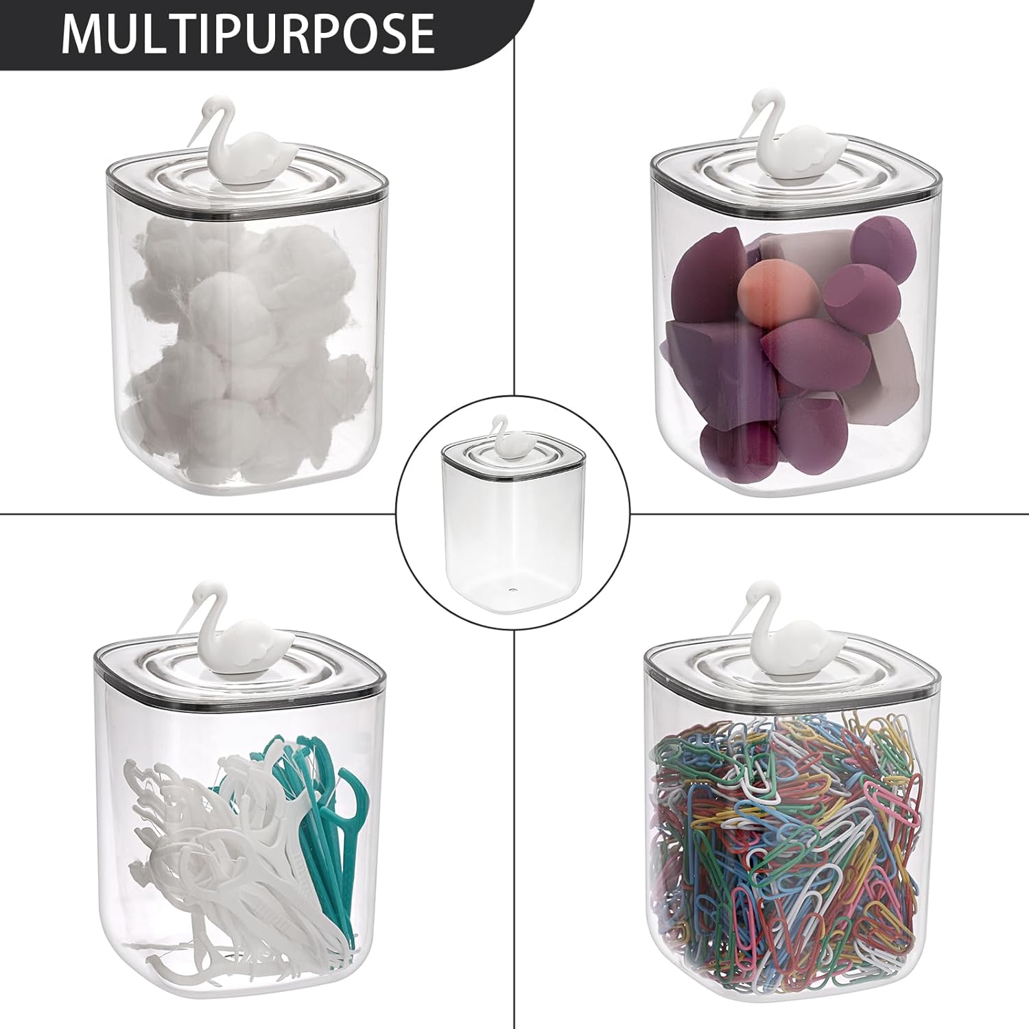 Hipiwe Dispensador de plástico Qtip con tapa, contenedores de baño transparentes para bolas de algodón, almohadillas de algodón, botes de tocador,