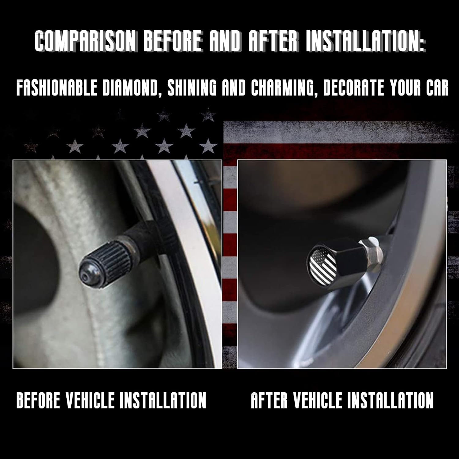 Antena de coche con la bandera estadounidense con tapas de vástago de válvula, mástil de antena universal para GM Chevy Silverado 1500 2500 3500 HD