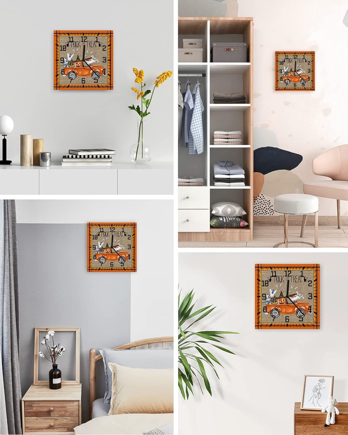 Wall Clock Orange Truck With Pumpkin Battery Operated Clocks Wooden Silent Non-Ticking Wallclock 10 Inch Black Cat Bat Square Wall Clock for Living