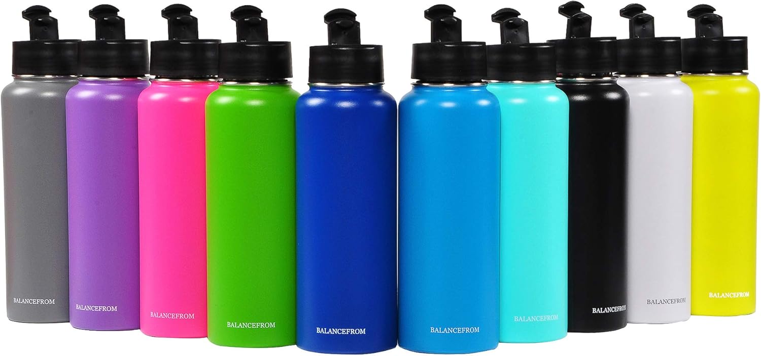 BalanceFrom – Botella de agua de acero inoxidable aislada al vacío, con doble pared, 3 tapas incluidas, boca ancha y estándar, varios colores y