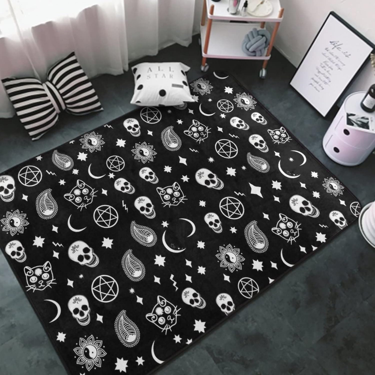 Alfombra antideslizante para lavandería, tapete de cocina de granja, baño, lavandería, accesorios de decoración (calavera, gato, luna, patrón